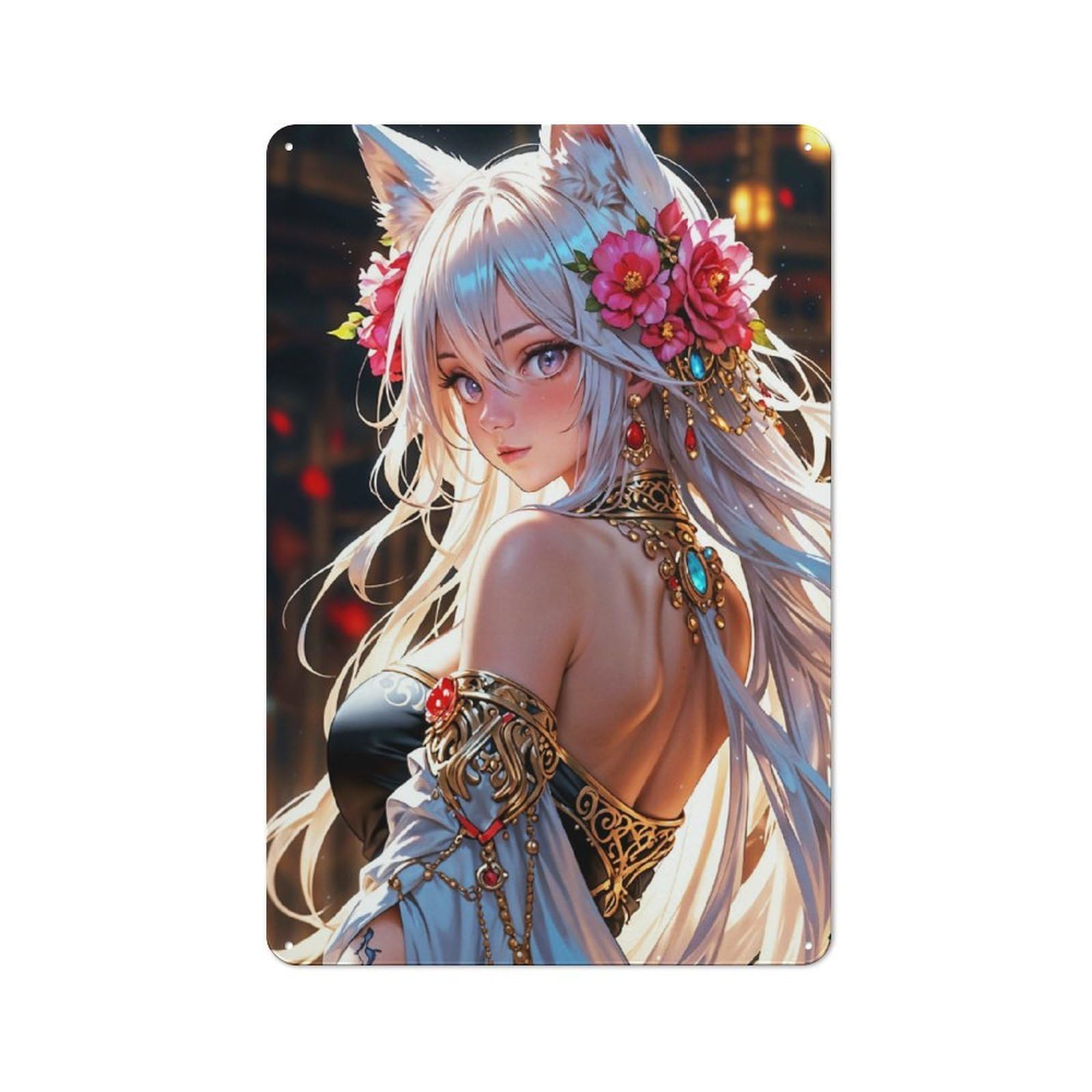 Decorative Metal Plaque with Enchanted Fox Maiden Design 30x20cm, Modern Retro Studio Wall Art for Workspace, Cafe, Hallway Or Garage