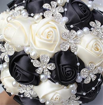 S_SSOY Wedding Bouquet Bride Bridal Brooch Bouquets Bridesmaid Bouquet Diamond Pearl Ribbon Valentine's Day Confession Party Church with Free Corsage Flower, Black+White