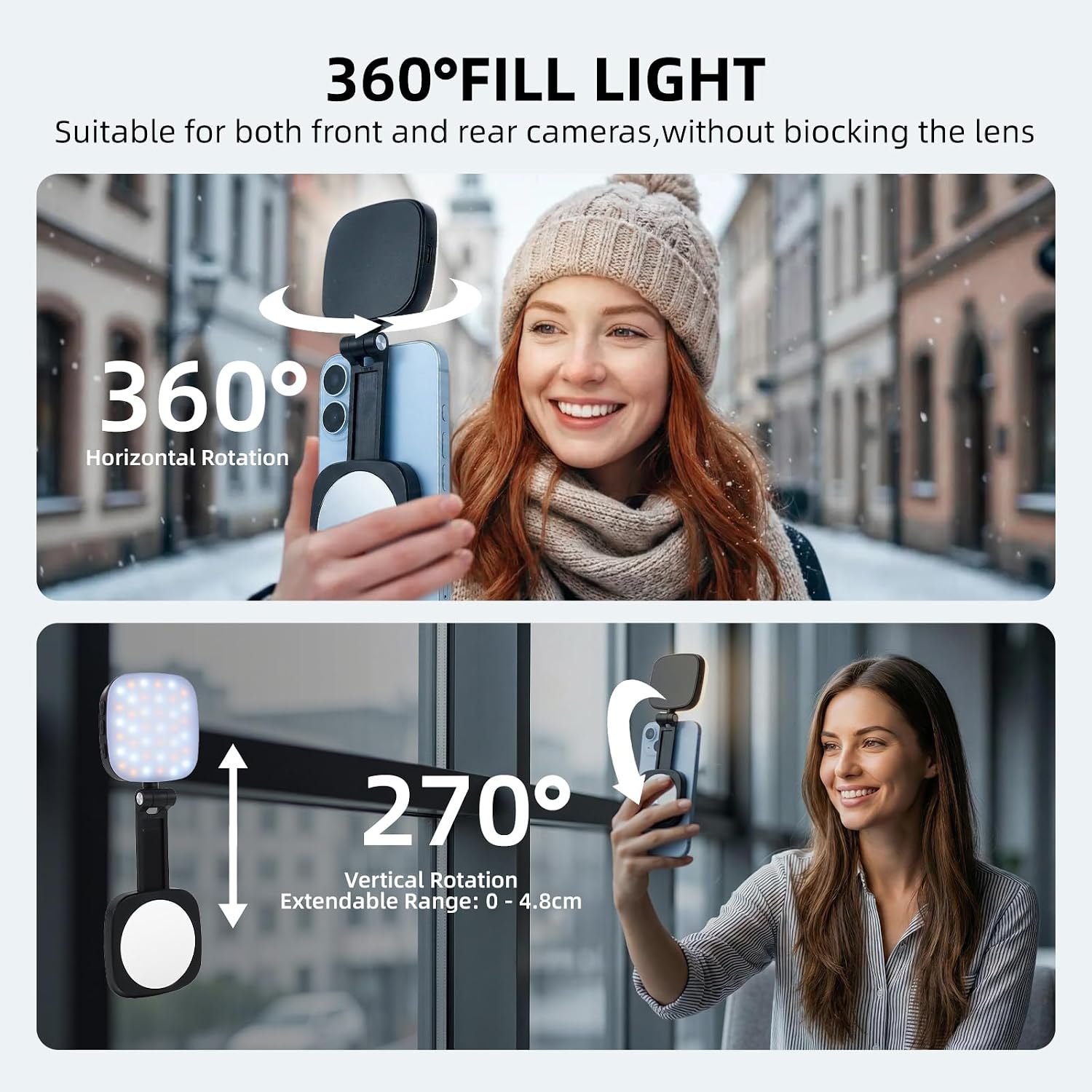 Magnetic Selfie Light, Compatible with MagSafe iPhone, CRI 95, 5 Color Modes, Rechargeable LED Phone Light with Mirror, Portable Ring Light for Vlog Makeup Photography Video Recording, Black