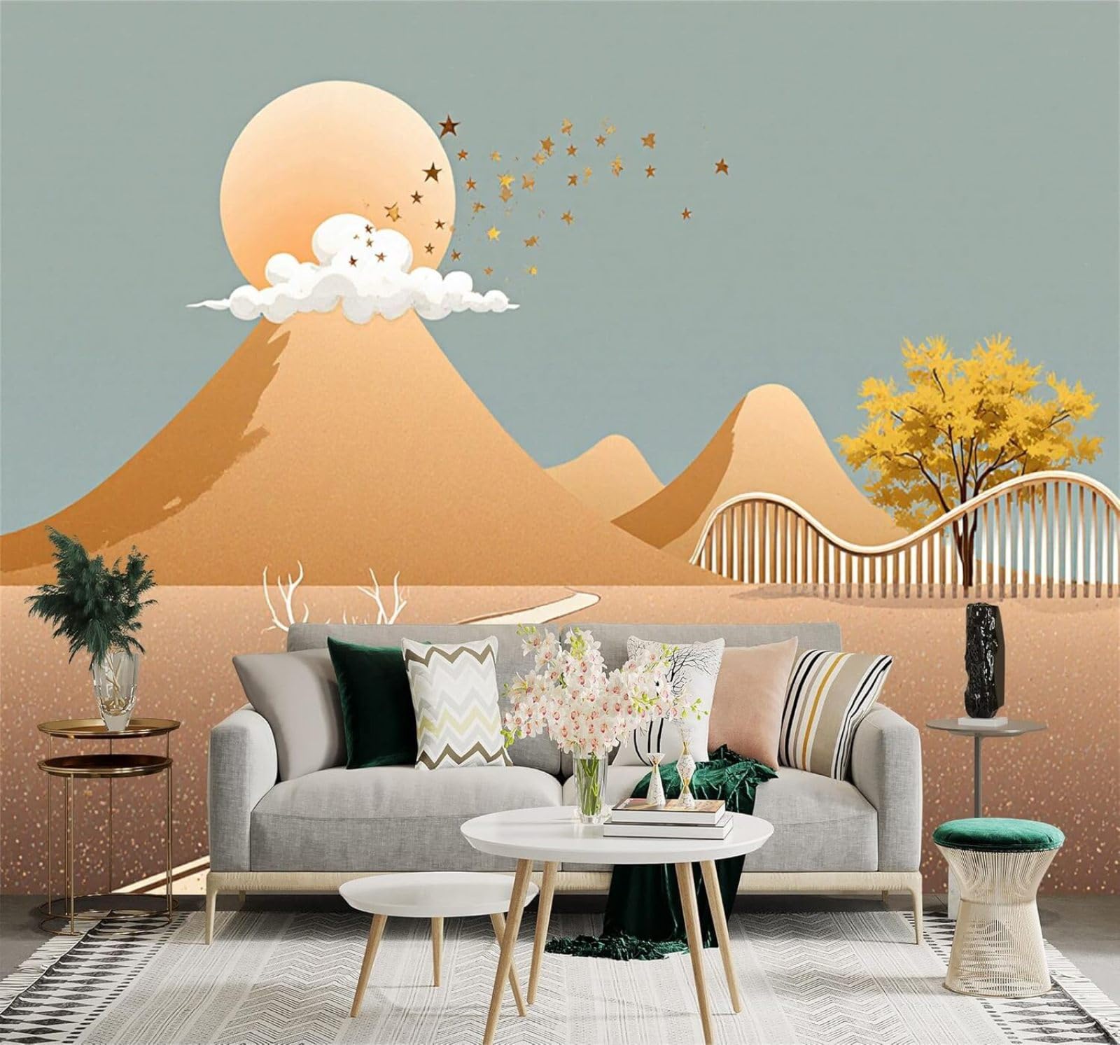 XLMING Fawn Golden Mountains Sunshine Trees Landscape 3D Wallpaper Silky Texture Home Study Office Grey Dining Room Sofa Bedroom Living Room TV Backdrop-250cm×170cm