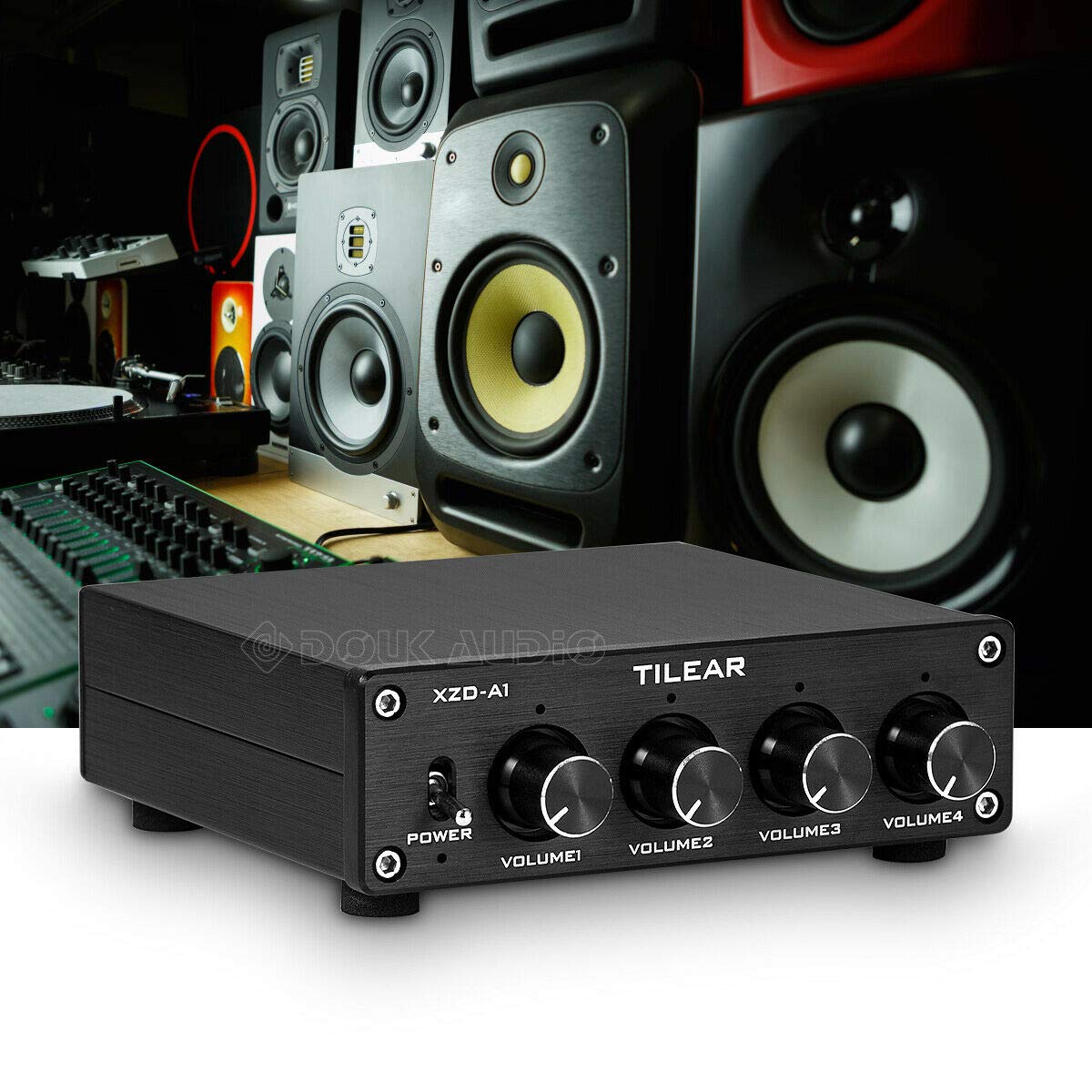 1-IN-4-OUT Lossless Analog Audio Switcher Box Splitter VOL Control for Amplifier (Black)