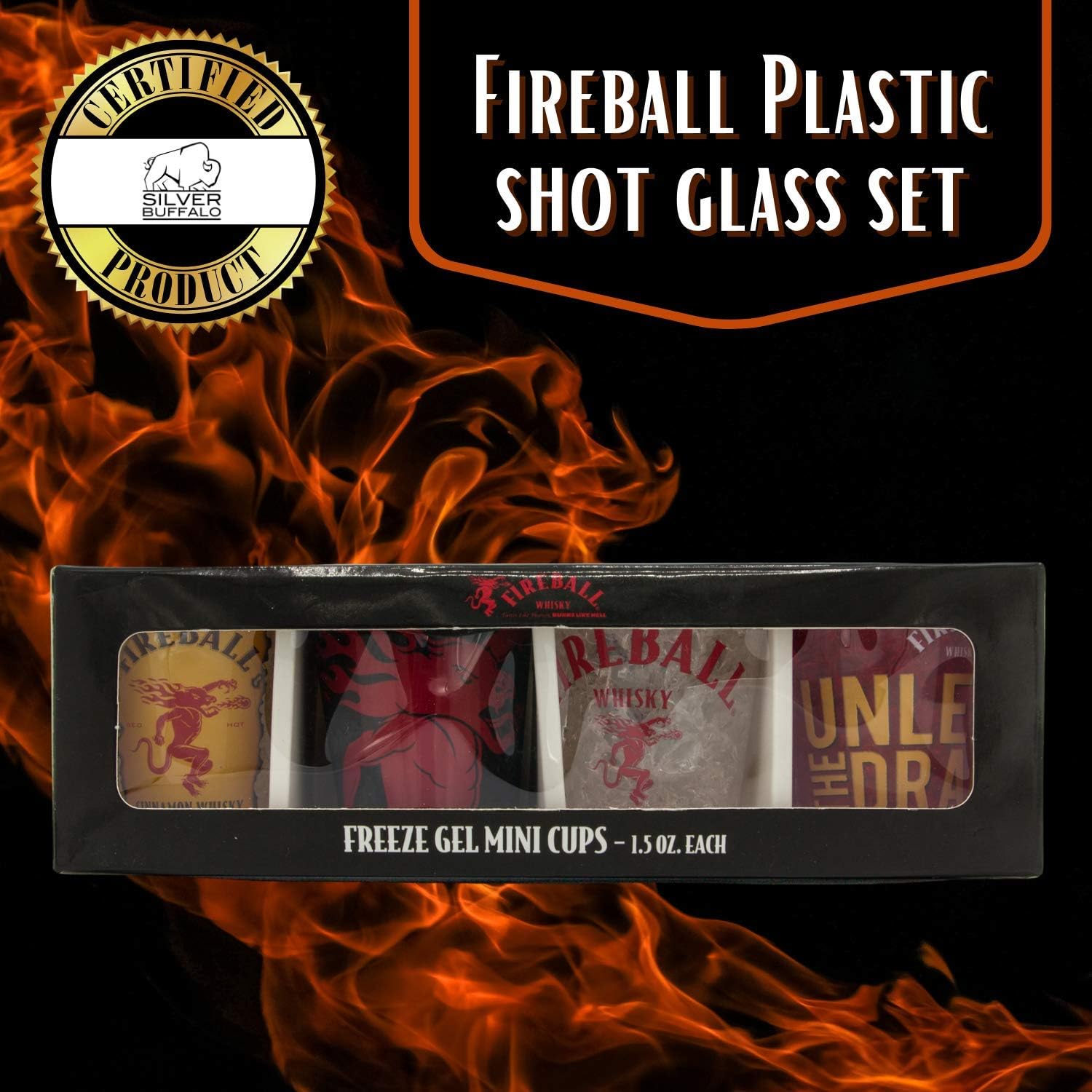 Prоduсt Dеаl Silver Buffalo Fireball Whisky Logos Plastic Freeze Gel Mini Cups, Set of 4, 1.5-Ounce, 4 Piece Set, Multicolor