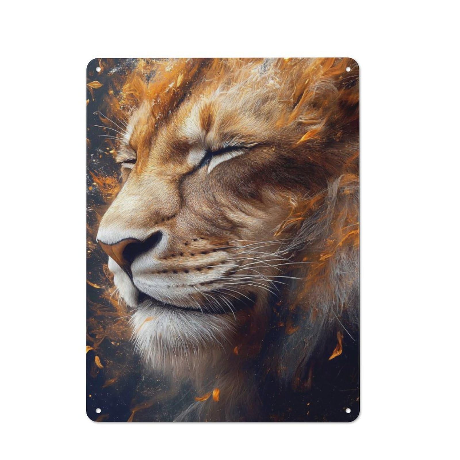 Junmoney Style-24 Lions Profile In Fiery Hues Printed Metal Sign 40X30cm For Pub Or Café, For Everyday Room Decor With A Retro Look