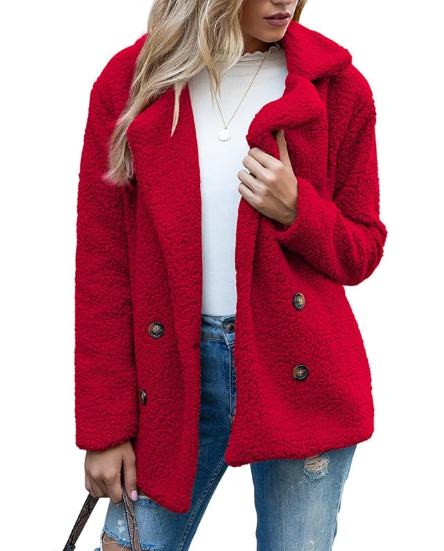 LIZALIG Womens Winter Warm Plush Cardigan Fuzzy Fleece Lapel Jacket with Buttons Pockets Long Sleeve Casual Outerwear