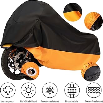 Motorcycle Cover All Season Weather Quality Waterproof Sun Outdoor Protection Durable Universal Fits up to 104" Motorcycles Vehicle Cover with Lock-Holes & Storage Bag