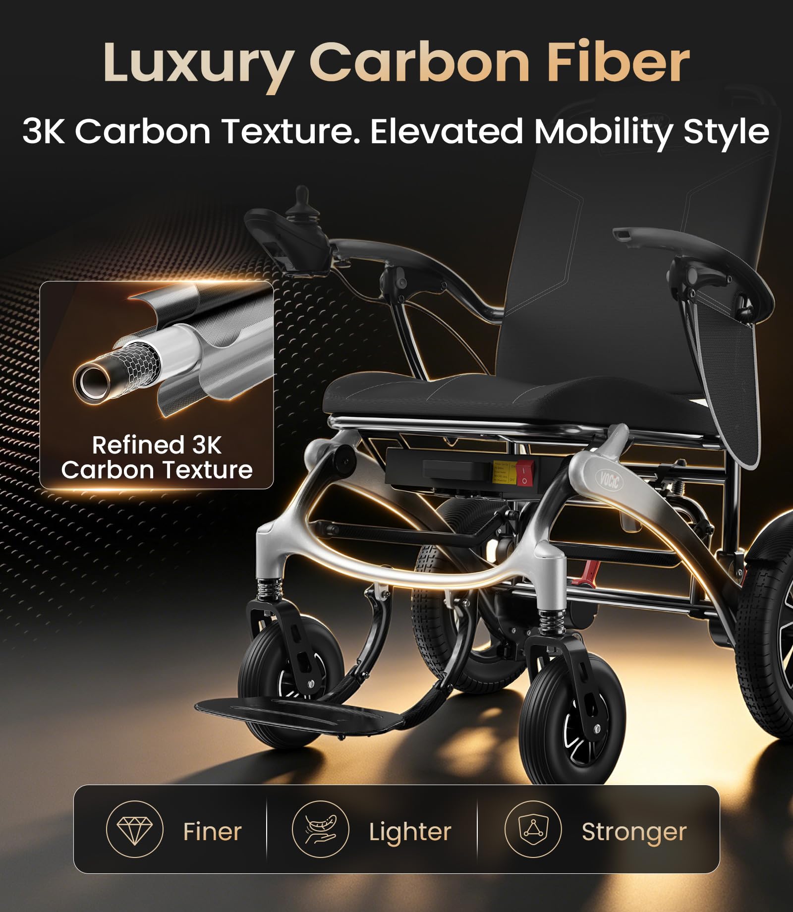 VOCIC Silla de ruedas de carbono eléctrica plegable ligera para personas mayores, plata | Sillas de ruedas eléctricas de hasta 136 kg, con motor de 500 W, con neumáticos para exteriores, ligeras (5 años de soporte)