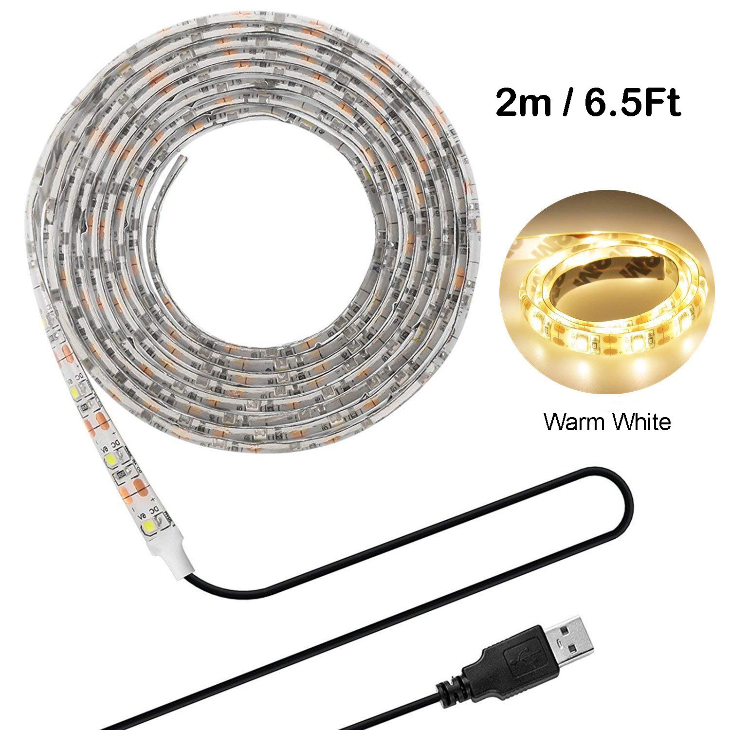 LED Strip Lights, USB TV Backlight 6.56ft/2m LED Lights for 40~60in HDTV, Waterproof SMD 3528 5V Warm White Bias Lighting, Reduce Eye Strain, Improve Contrast.USB Bias Lighting for Home Theater