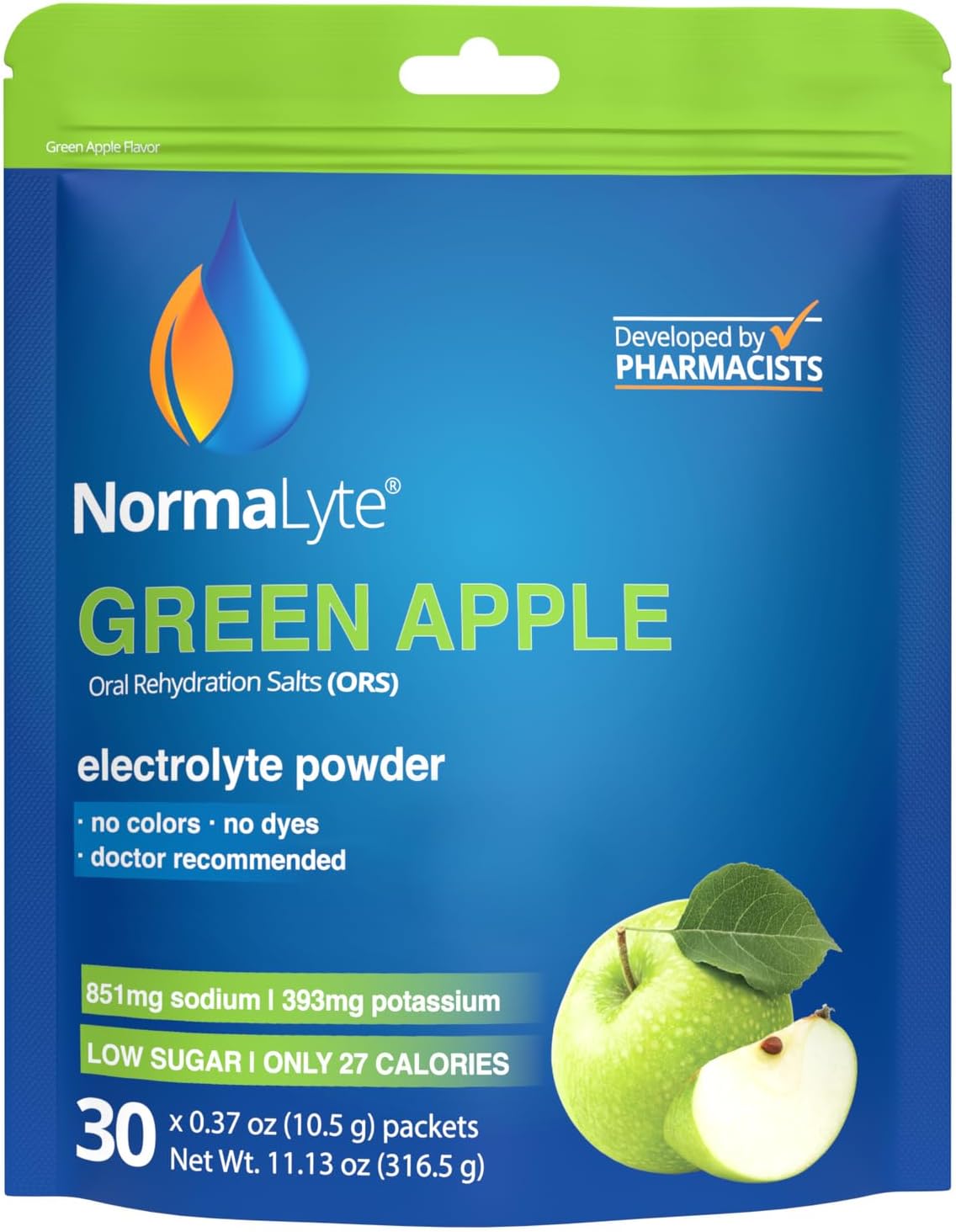 NormaLyte Apple | Electrolyte Powder Packets | Sodium & Potassium Drink Mix | 30 Count | No Dyes, No Stevia