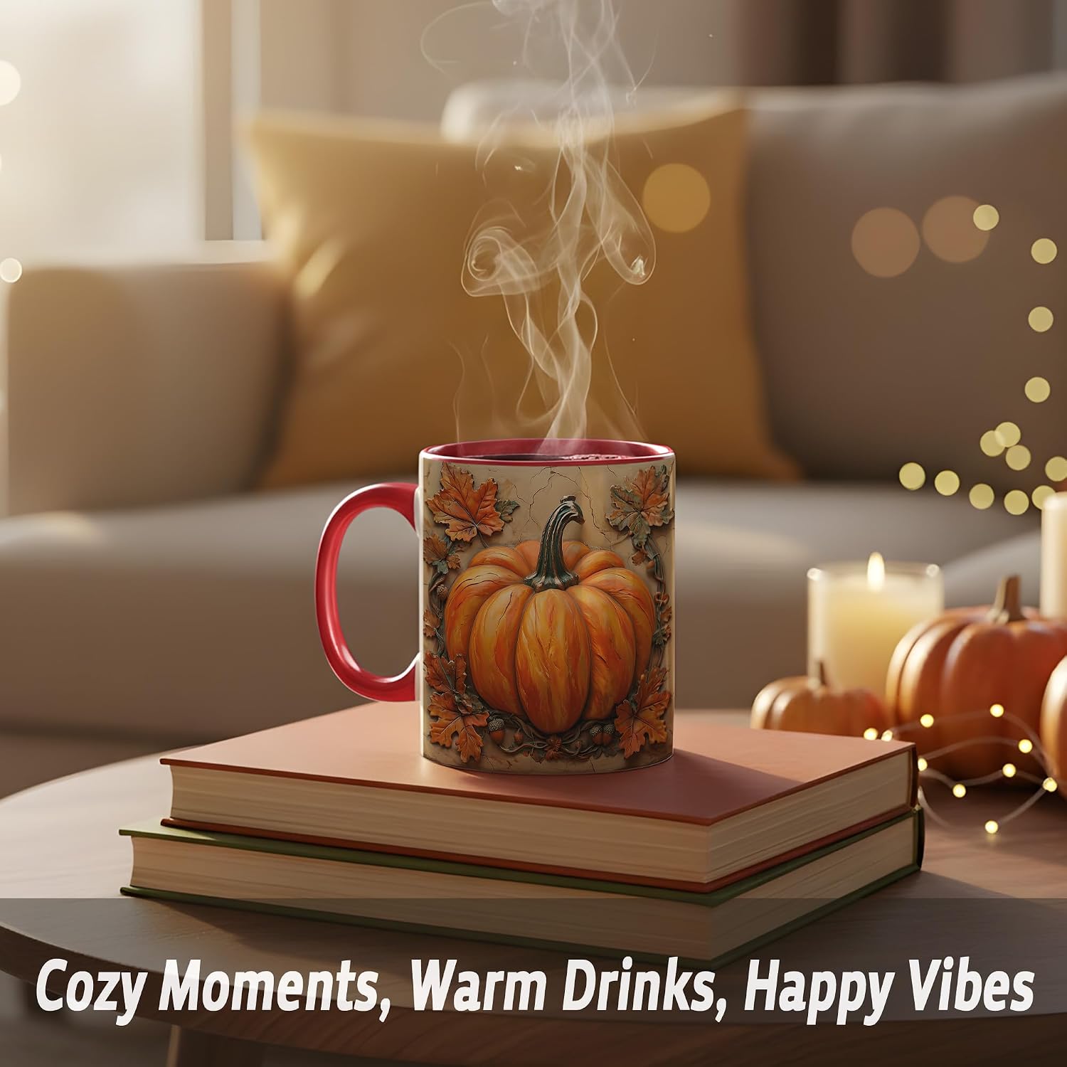 Rustic Pumpkin With Autumn Leaves Design Coffee Mug, Fall Harvest Mug For Thanksgiving Party And Everyday Drinkware, Oak Leaves Acorns And Farmhouse Style Illustration On Beige Background (Red)