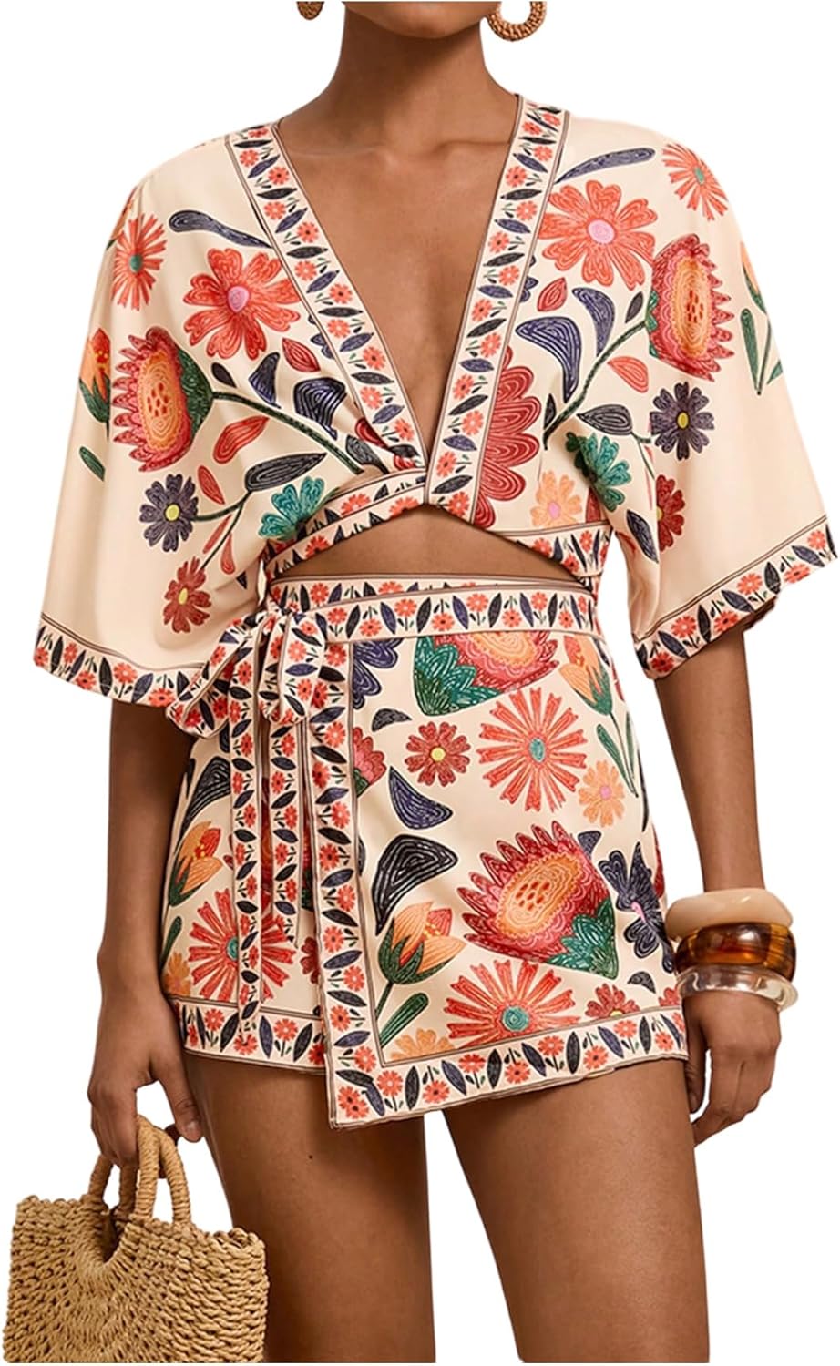 RoseSeek Women's 2 Piece Outfits Half Sleeve Crop Blouses and Wrap Skirts Set Boho Beach Vacation Clothes