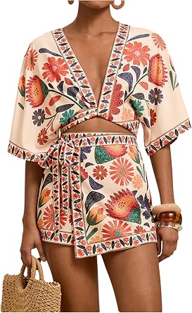 RoseSeek Womens 2 Piece Summer Skirt Sets Tropical Half Sleeve Top and Wrap Skirts Set Beach Vacation Outfits