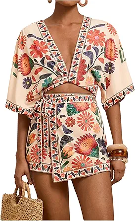 RoseSeek Women's 2 Piece Summer Skirt Set - Tropical Half Sleeve Top and Wrap Skirts for Beach Vacation