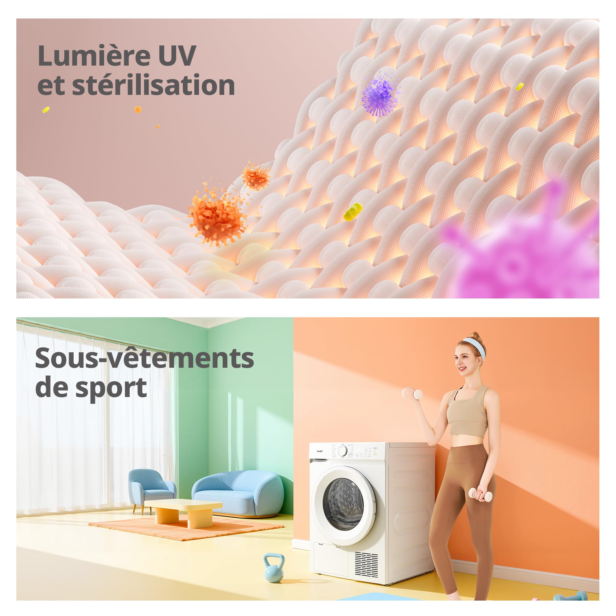 COMFEE' Sèche linge Pompe à Chaleur 8kg Classe D Séchage rapide 15 programmes Blanc