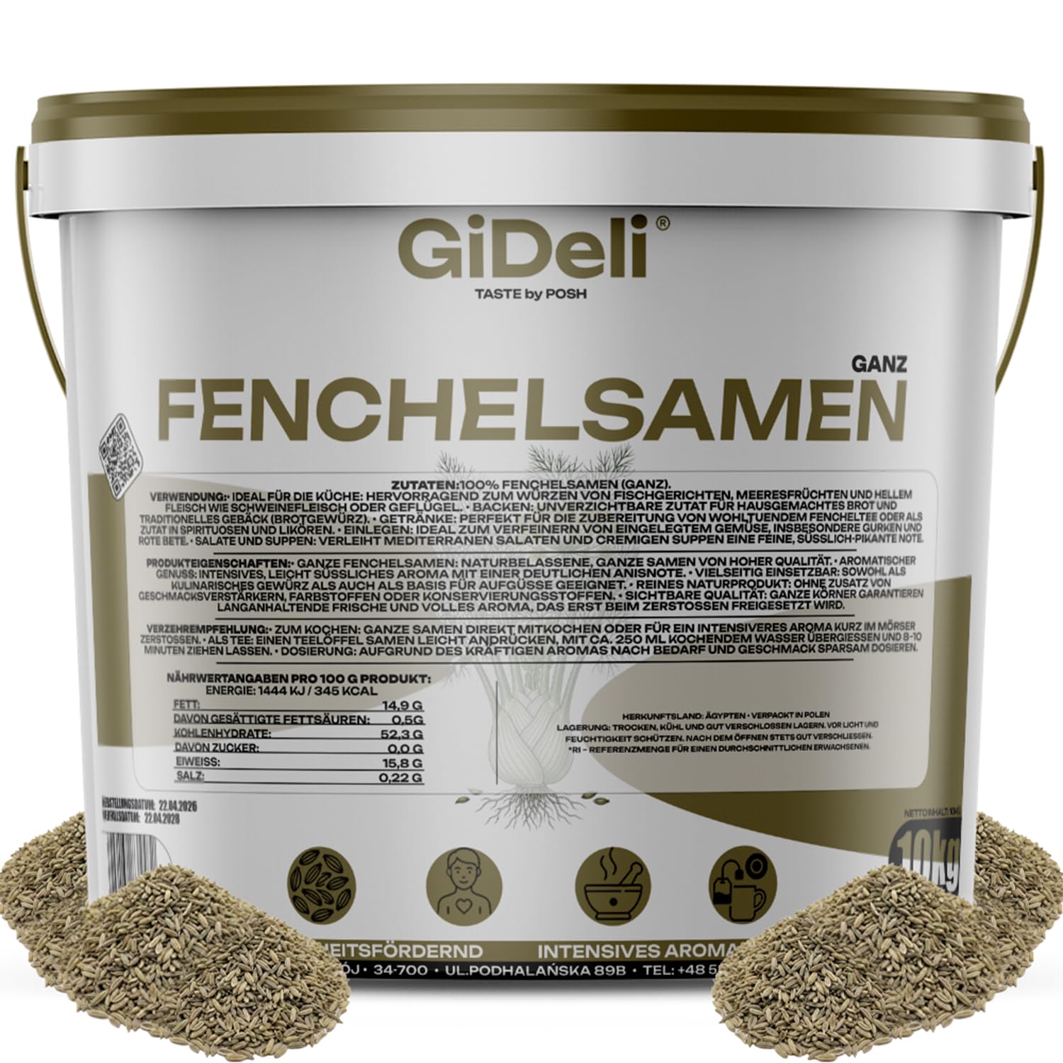 GiDeli Fenchelsamen Ganz aus Ägypten 10kg im Eimer - 100% Naturrein & ohne Zusatzstoffe - Premium Fenchelsaat für Fencheltee, Kräutertee & Brotgewürz - Mediterrane Würze mit Anisnote
