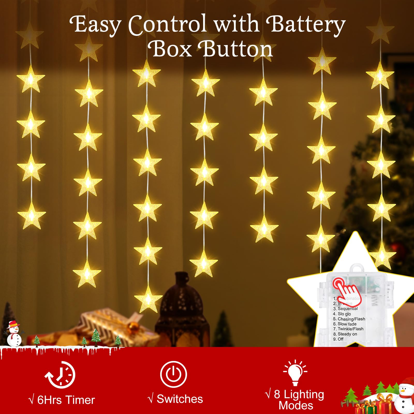 Lewondr 480 LED Stern Vorhang Lichter, 6 Stück Hängende Lichterkette mit 6H Timer & 8 Modi, Batterien Weihnachtsbeleuchtung String Lichter für Weihnachten Hochzeitsfeier Indoor Dekor, Warme Licht