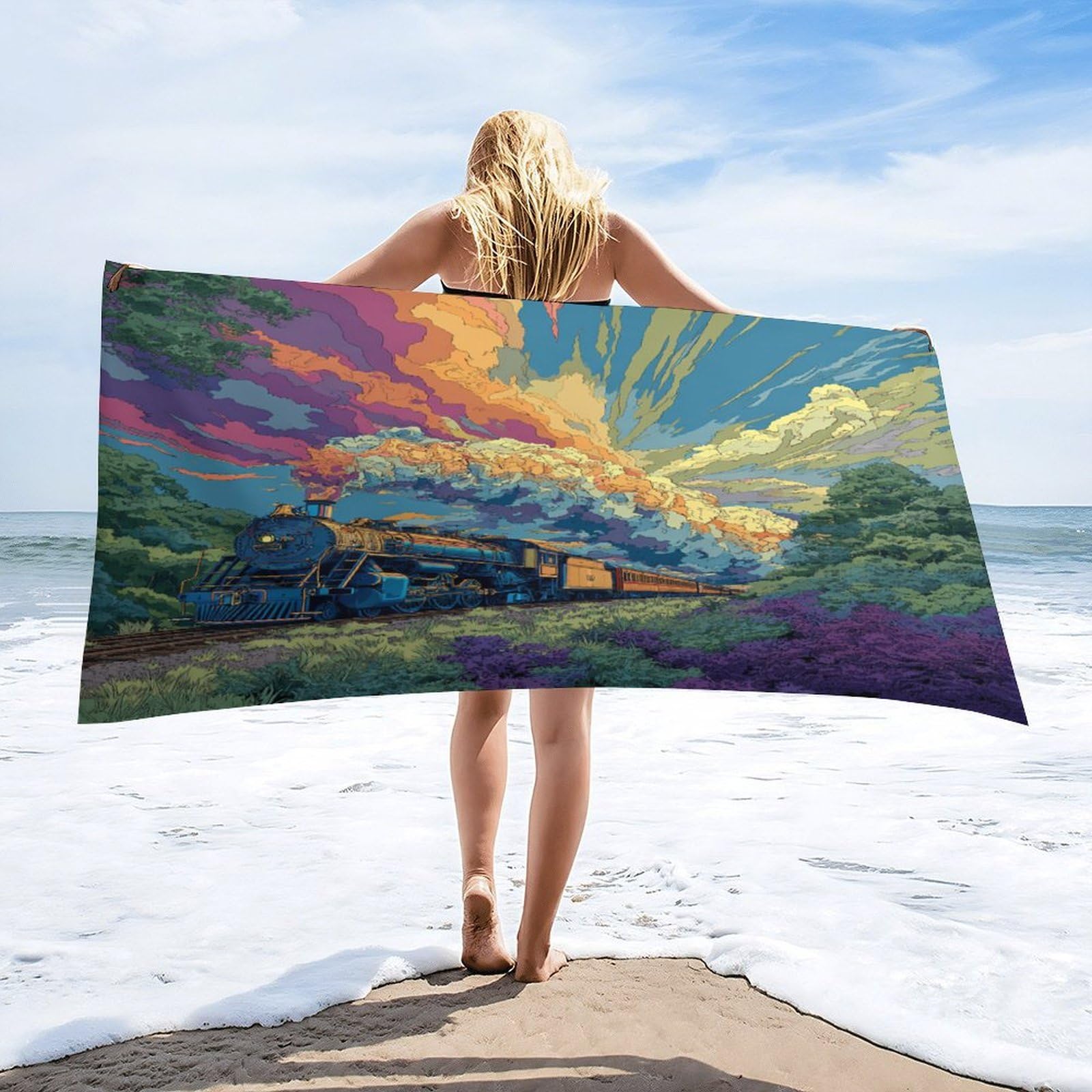 LUYYSKY Modern Abstract Antique Train Absorbent Beach Towel, Beautiful Classic Sunset Forest Steampunk Steam Train Outdoor Single-Sided Velvet Beach Towel-80 W cm x 160" L cm