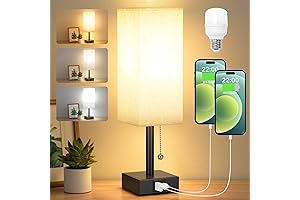 3-Color Bedside Table Lamp with Charging Ports and Pull Chain