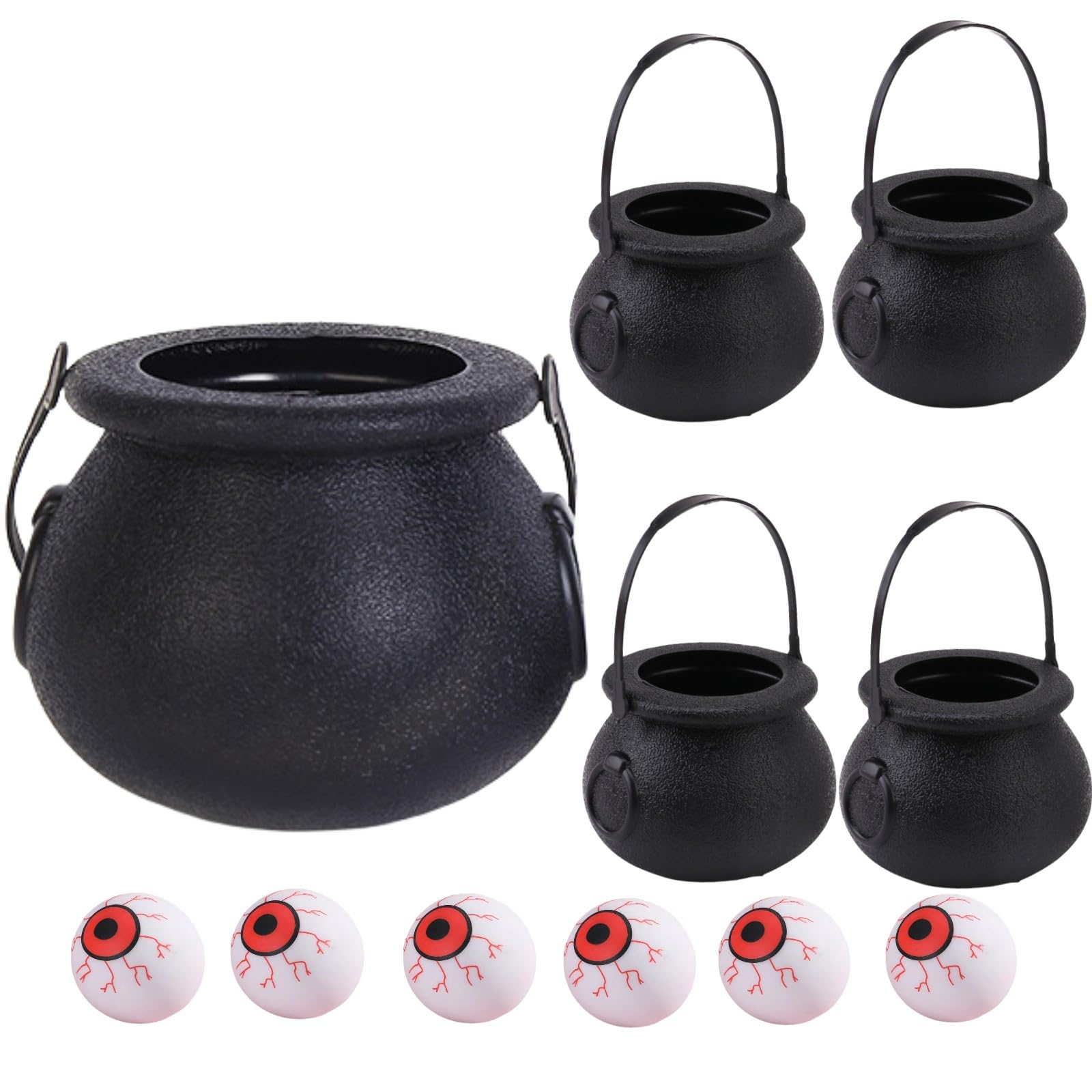 Halloween Witch Cauldron with Lid Black Witch Pot Wizard Candy Kettle Bucket Candy Plastic Holder Party Favor Supplies Cosplay props Decoration Trick or Treat - 1 Big 4 Small Cauldron 6 Scary Eyeballs
