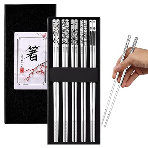 5 Paar Essstäbchen Edelstahl,Spülmaschinenfest Stäbchen zum Essen,Anti-Rutsch Sushi Stäbchen,Metall Chinesische Chopsticks Geschenkset für Zuhause Restaurant Camping