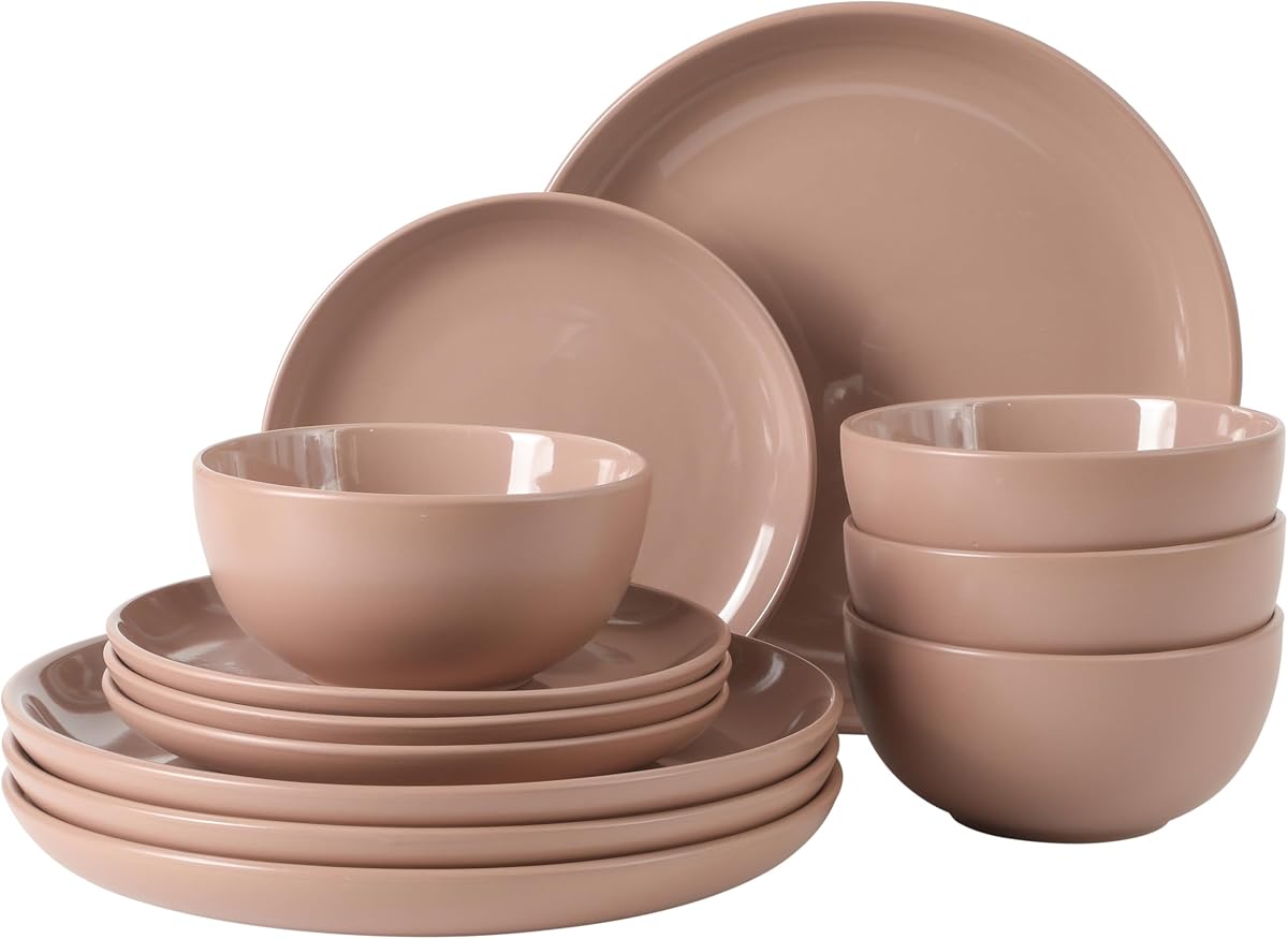 Gibson Home Rockaway 12 Piece Plates and Bowls Matte Outside/Shiny Inside Glaze Service for 4 Dinnerware Set - Pink - Dishwasher and Microwave Safe