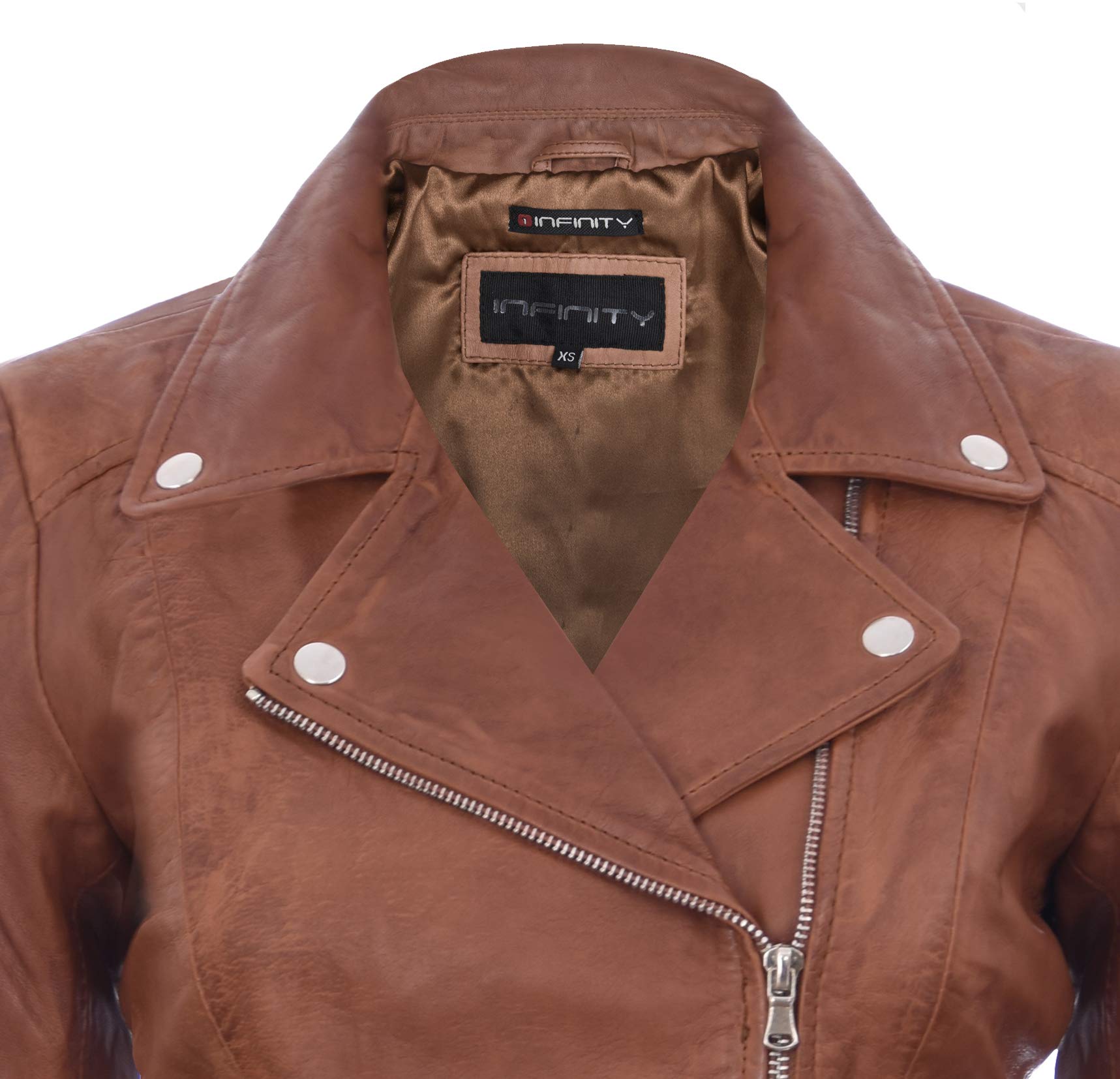 Mujer Coniac Broncearse Vendimia Brando 100% Chaqueta de Cuero de Motorista