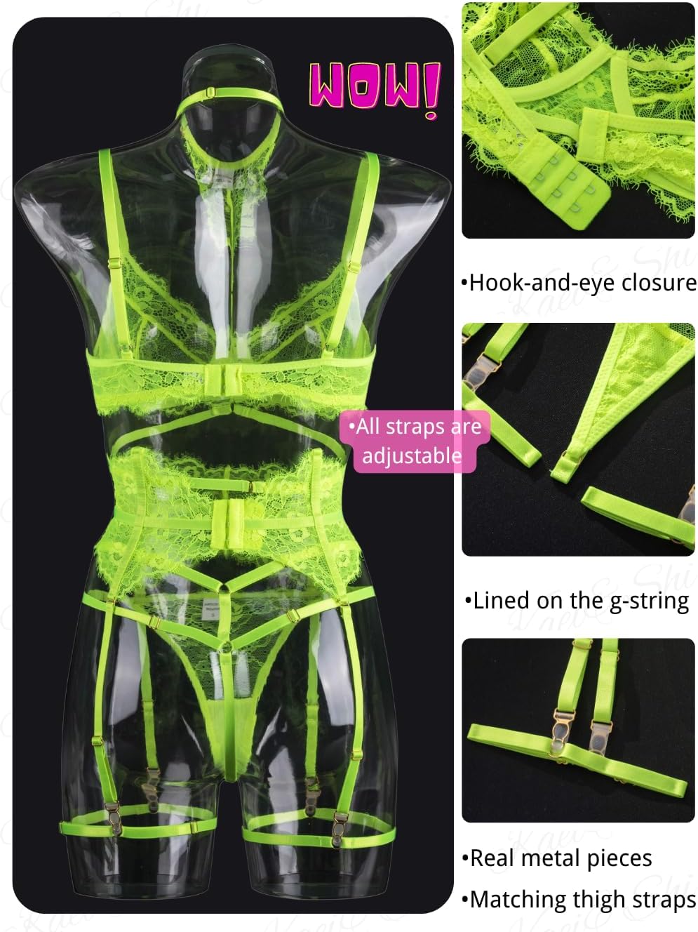 Kaei&Shi Garter Lingerie Set for Women, Sexy Floral Lace, Strappy High Waisted Hide Belly, 4 Piece with Exotic Choker Belt - Image 3