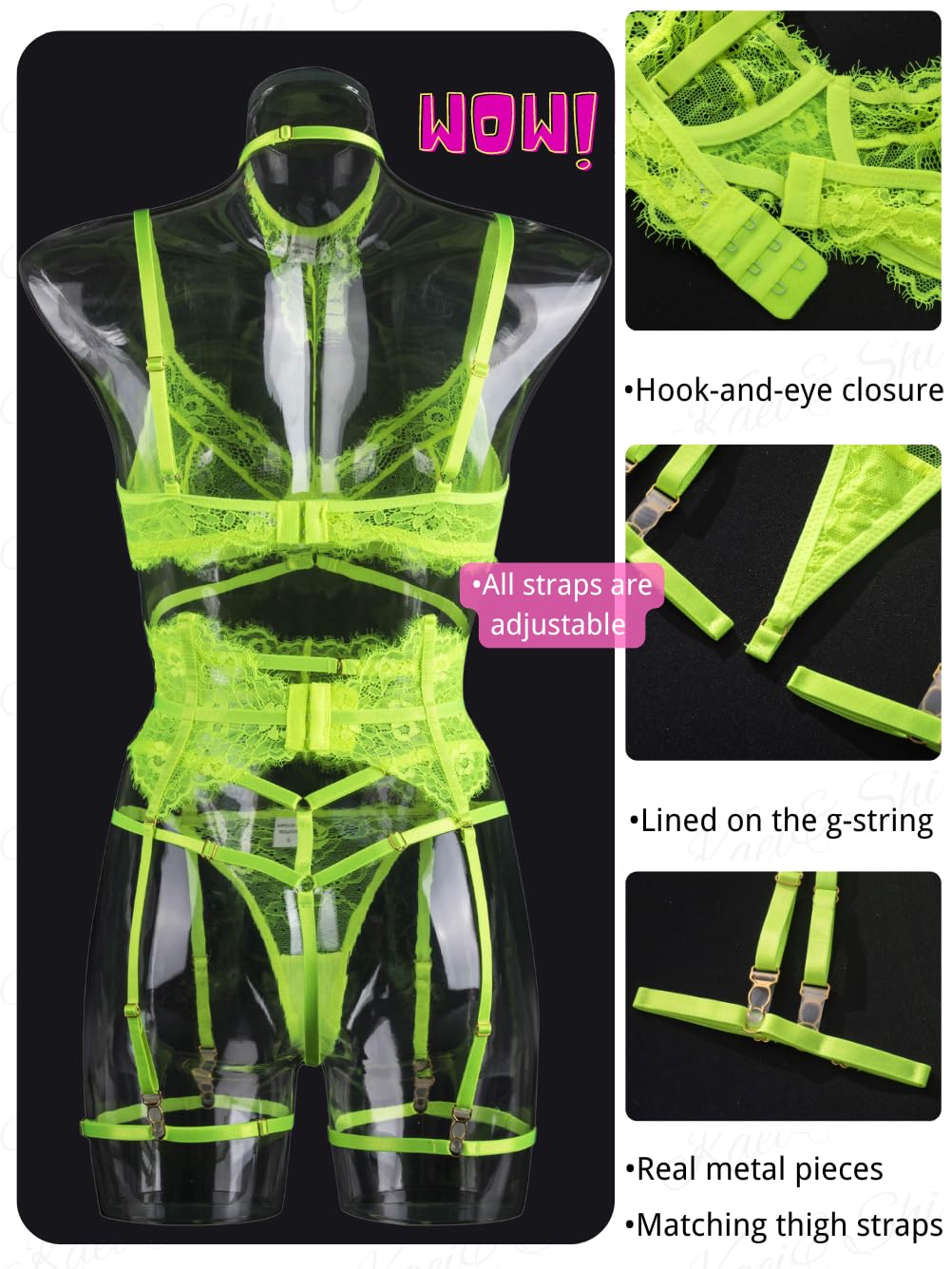 Kaei&Shi Garter Lingerie Set for Women, Sexy Floral Lace, Strappy High Waisted Hide Belly, 4 Piece with Exotic Choker Belt: 0-2 Neon Green