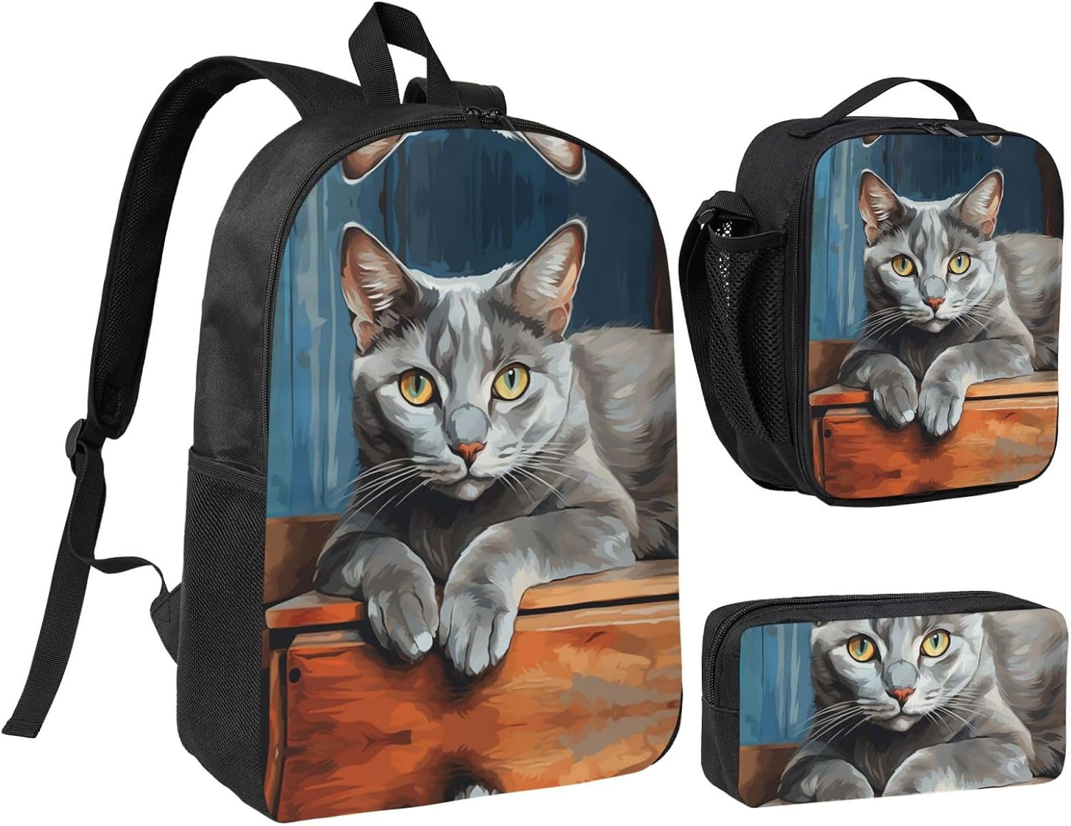 Light Gray Cat Backpack Set 3 PCS - 17 Inch Laptop Backpack with Lunch Bag, Waterproof Daypack Insulated Lunch Box Large Capacity Coin Pouch Personalized Gift