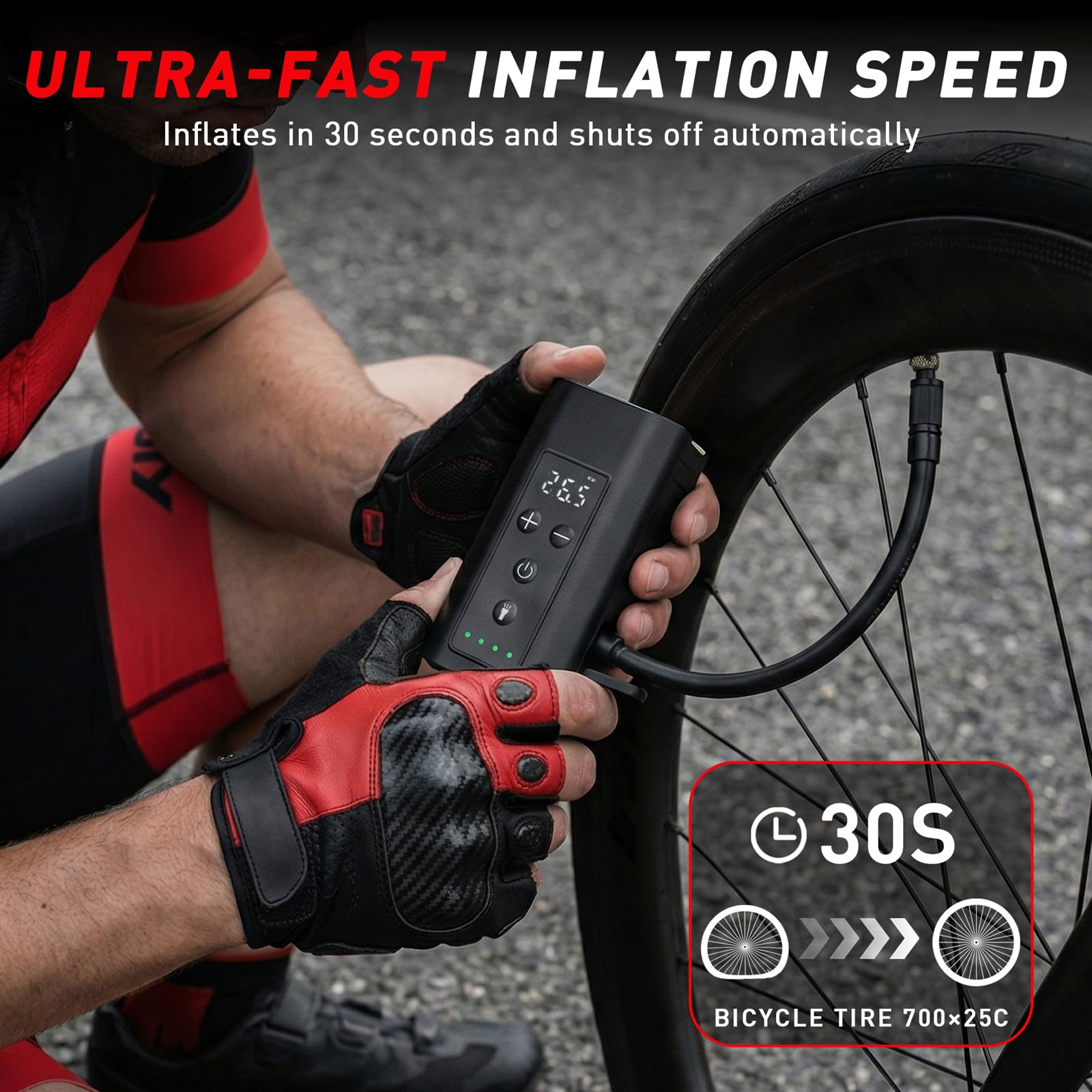 F20 Pro Inflador Eléctrico para Bicicleta 150 PSI, Mini Compresor Portátil con Pantalla Digital y Luz LED 2400LM, Bomba de Aire para Bicicleta Carretera y MTB, Compatible Presta/Schrader