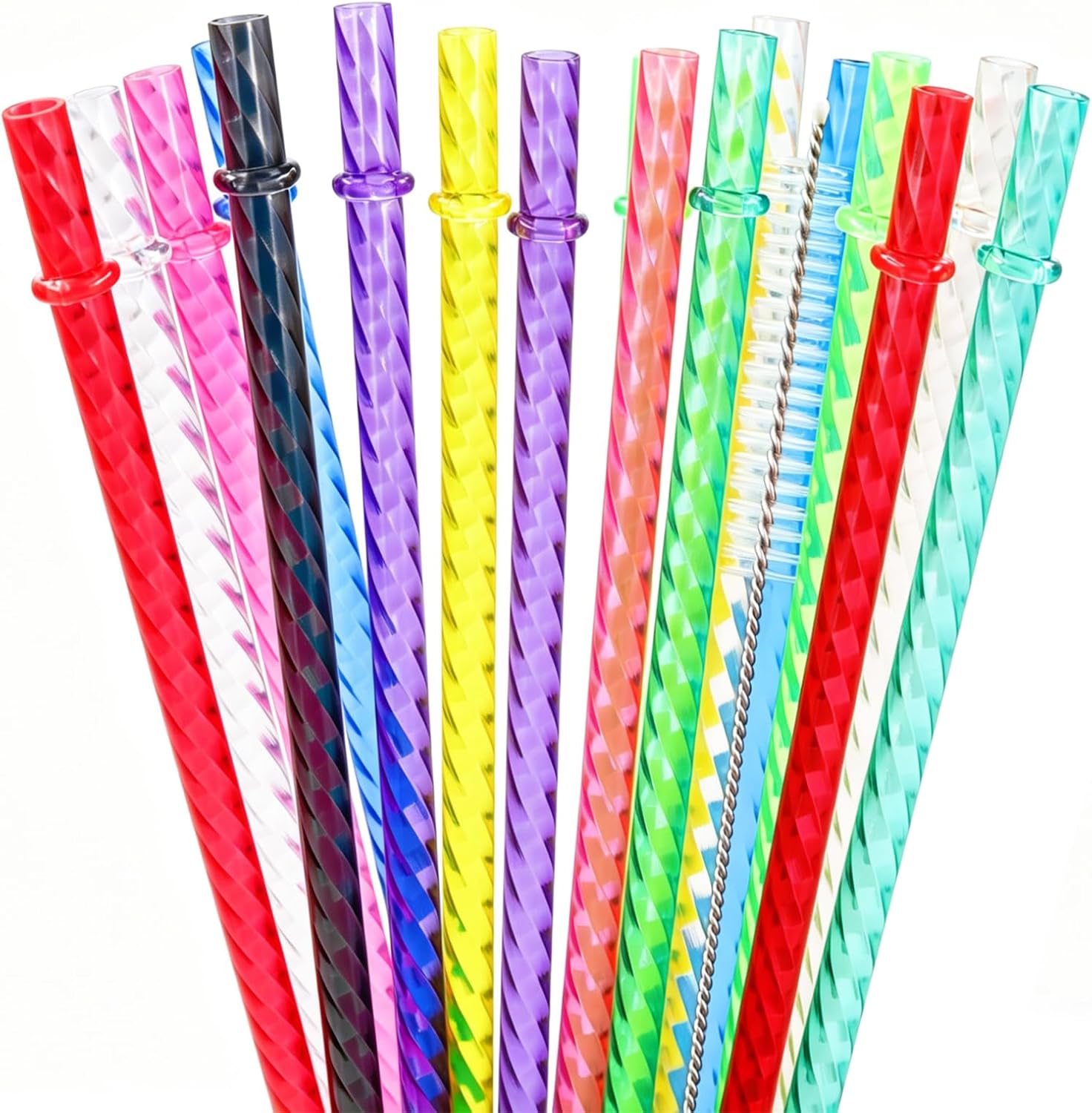 100 Pack Reusable Clear Plastic Swirl Straws 12" Long, Colorful Hard Plastic Replacement Straws for 16/20/30 OZ Tumbler Cups, Compatible with Stanley, Mason Jars, Travel Cups, Includes Cleaning Brush