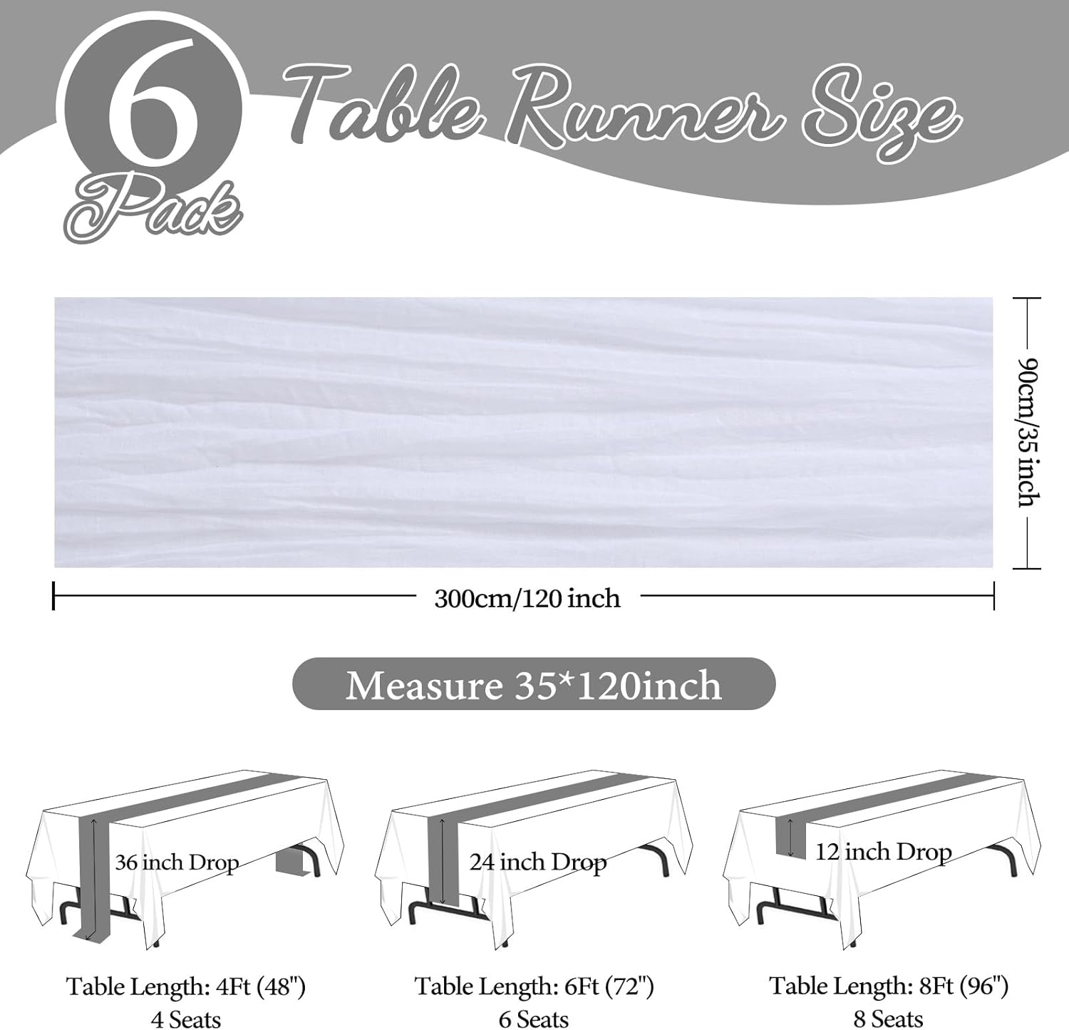 6 Pack White Cheesecloth Table Runner 35x120 Inch Gauze Rustic Boho Table Runner 10FT Cheese Cloth for Wedding Decor Birthday Party Bridal Baby Shower Table Decoration