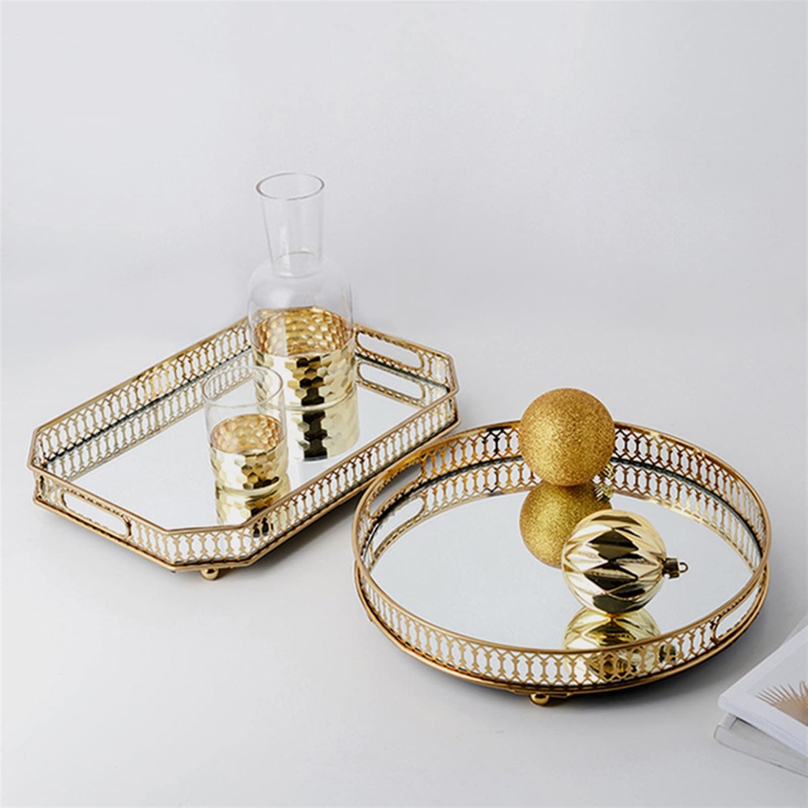 Bandeja redonda de metal para tocador con espejo y cristal, bandeja de desayuno decorativa para maquillaje, joyas y perfumes, elegante decoración del hogar