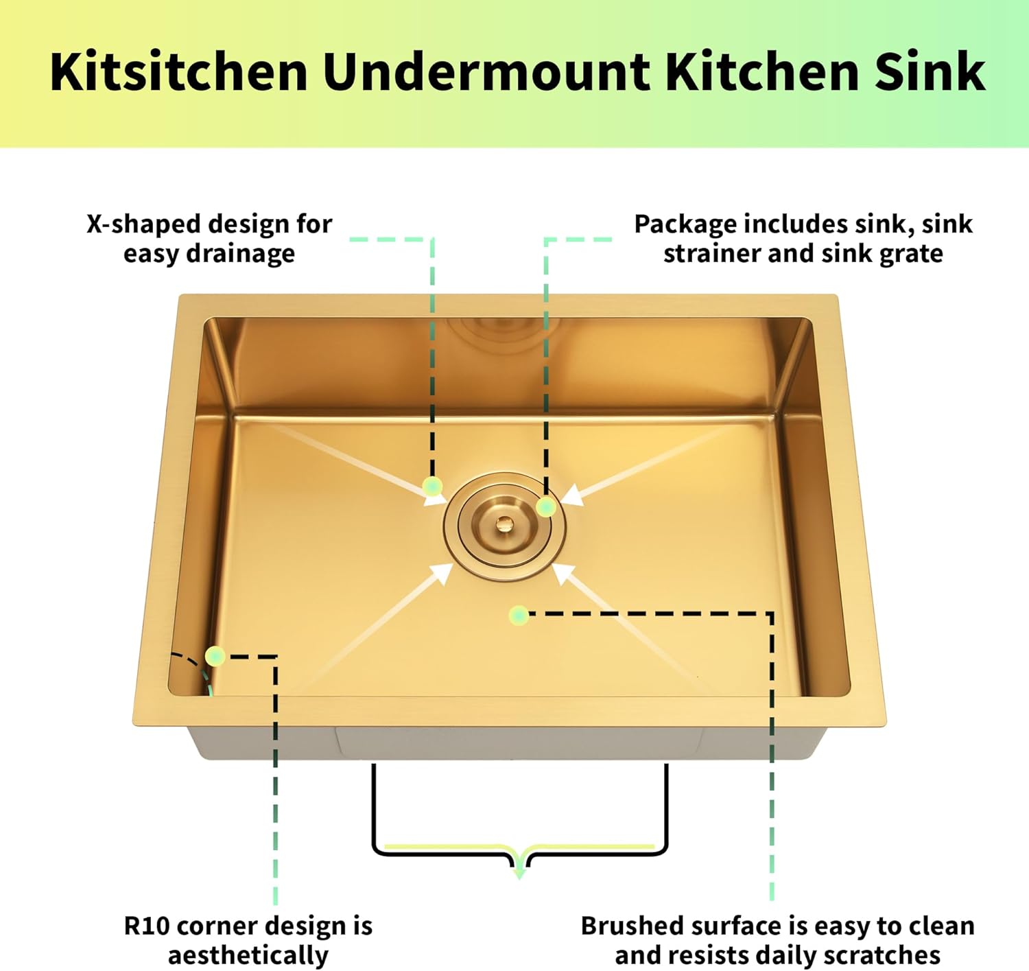 Kitsitchen Gold Ktichen Sink,Gold Undermount RV Kitchen Sink with Strainer & Bottom Gird, 27" x 16" x 7" Stainless Steel Single Bowl Kitchen Sinks Used at RV, Outdoor,Bathroom
