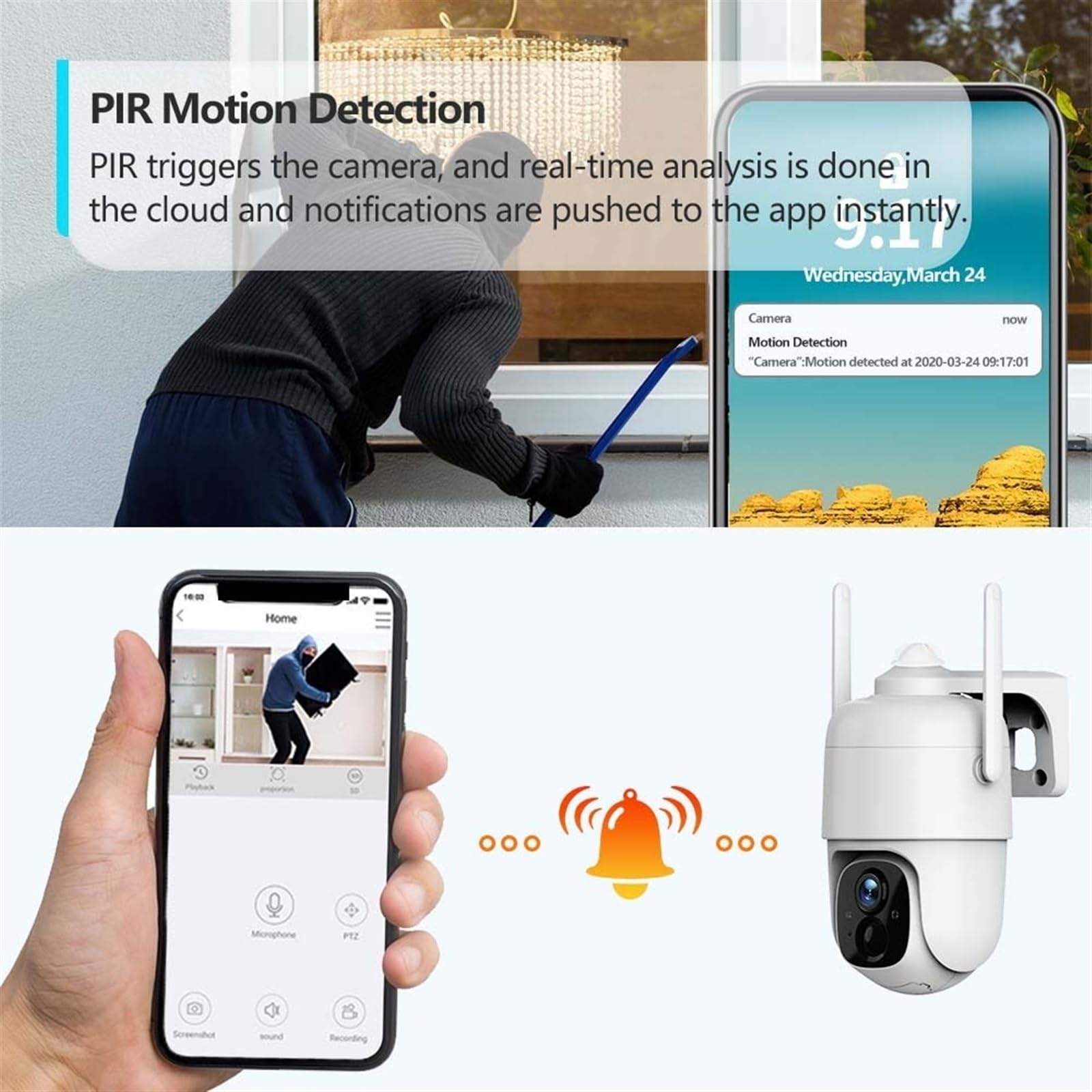 Cámara de Seguridad, Cámara de Seguridad Solar 2K PIR Detección Movimiento Humano 3MP Vigilancia inalámbrica Al Aire Libre Batería a Todo Color Noche(WiFi with 64GB Card)