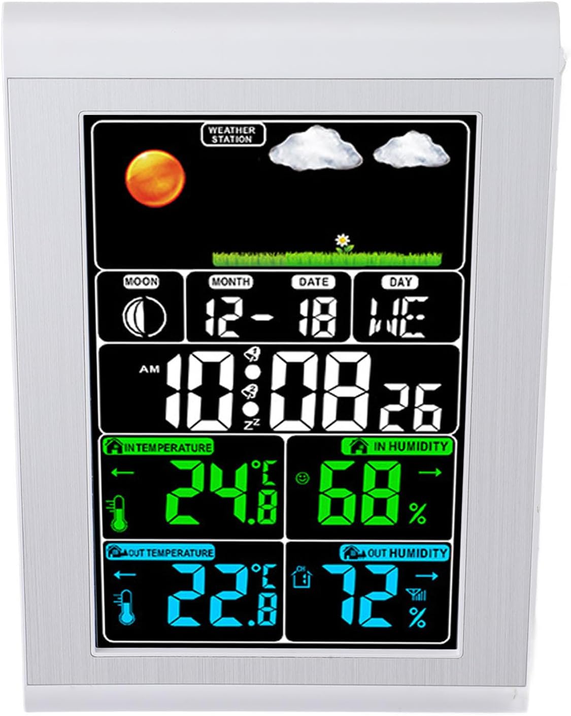 Digital Weather Clock with Temperature Humidity, 24H Forecast, Wireless Indoor Outdoor Sensor, Atomic Time, Adjustable Backlight, for Home Office Bedroom Livingroom