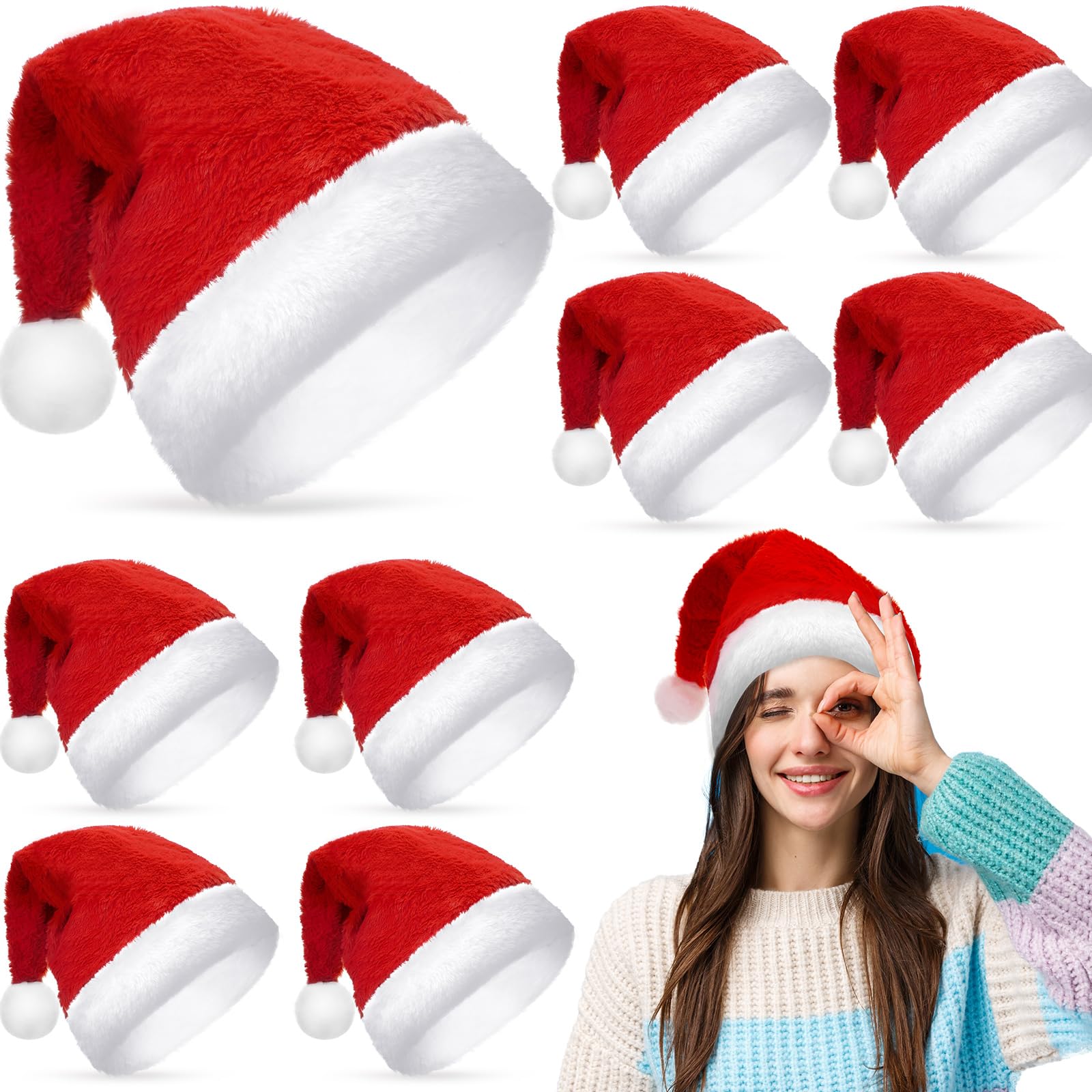 Suhine 10 sombreros de Papá Noel, sombrero de Navidad, gorro de Papá Noel con forro cómodo y ala de felpa para adultos