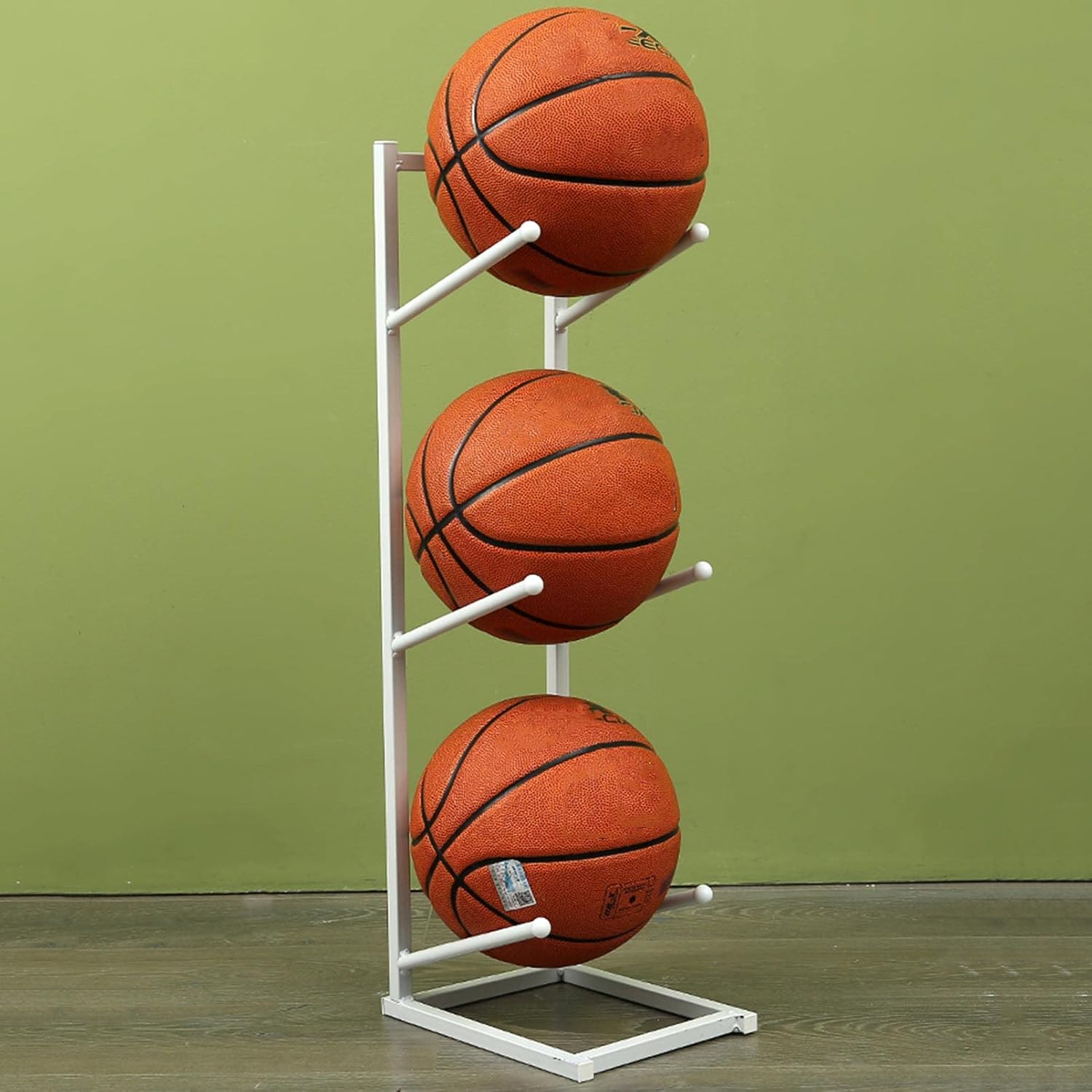 Basketball Holder Sports Ball Storage Rack, Indoor/Outdoor Metal Sports Gear Storage for Football Volleyball, Garage Sports Equipment Organizer, Home Gym Sports Ball Disp（White）
