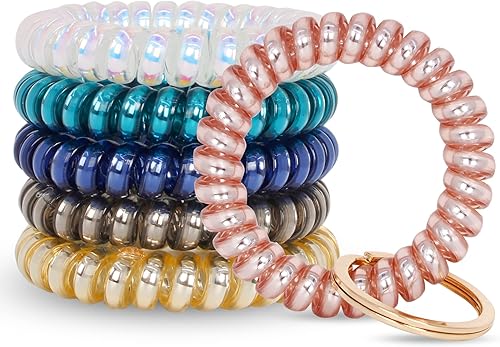 BIHRTC 6 llaveros de bobina de muñeca para llavero de automóvil, pulsera de plástico en espiral con resorte flexible, correa elástica para muñeca,