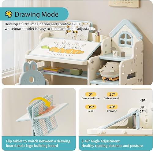 Miniatura 5 de UNICOO Escritorio multifuncional 3 en 1 para niños, mesa de actividades para niños, escritorio de aprendizaje ajustable en altura con juego de silla