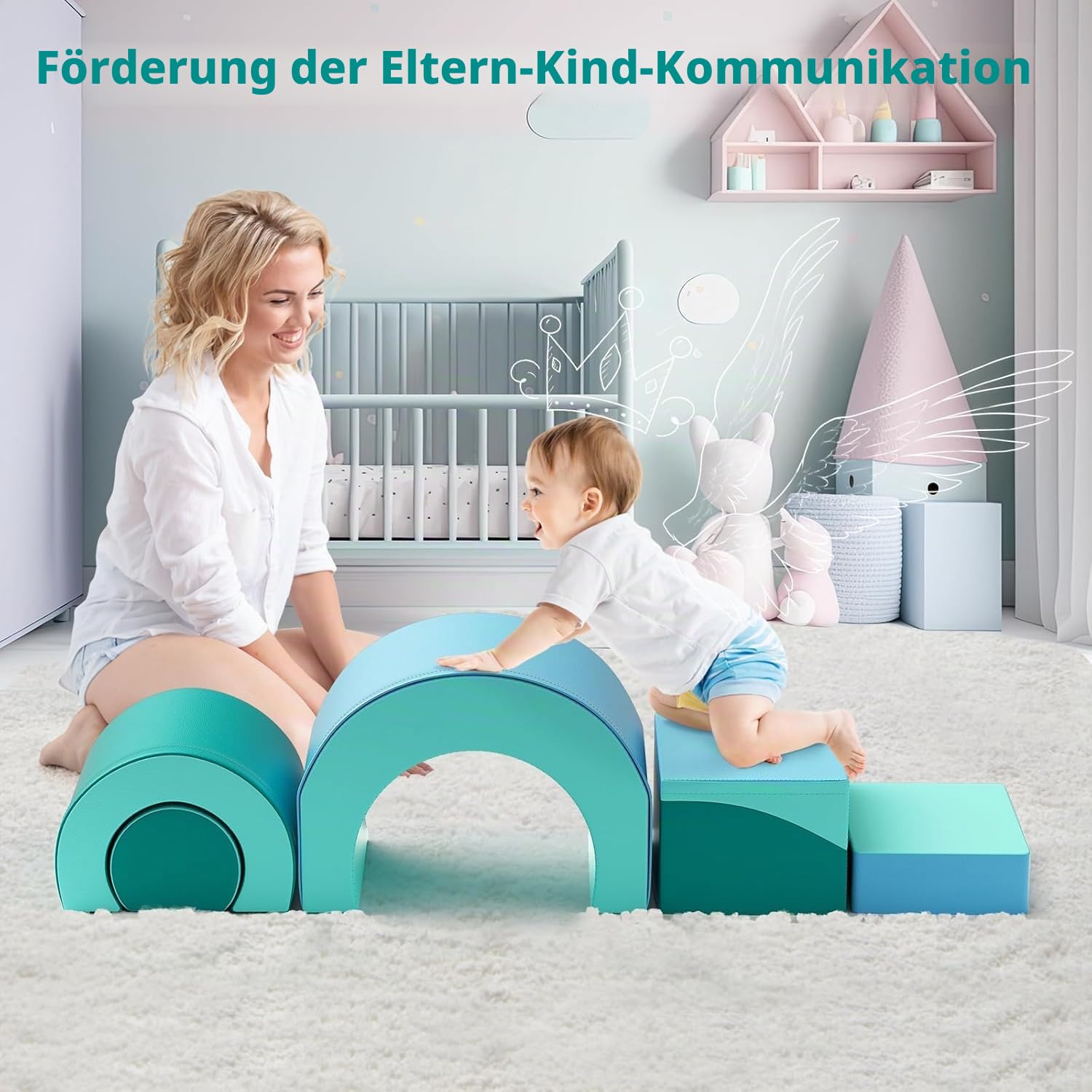 5-teiliges weiches Baby-Krabbelset mit Tunnel und Rutsche, Motorikspielzeug ab 1 Jahr, bunte Bausteine (Schnecken-Design) aus hochdichtem Schaumstoff, sicher und leicht, fördert Kreativität & Bewegung
