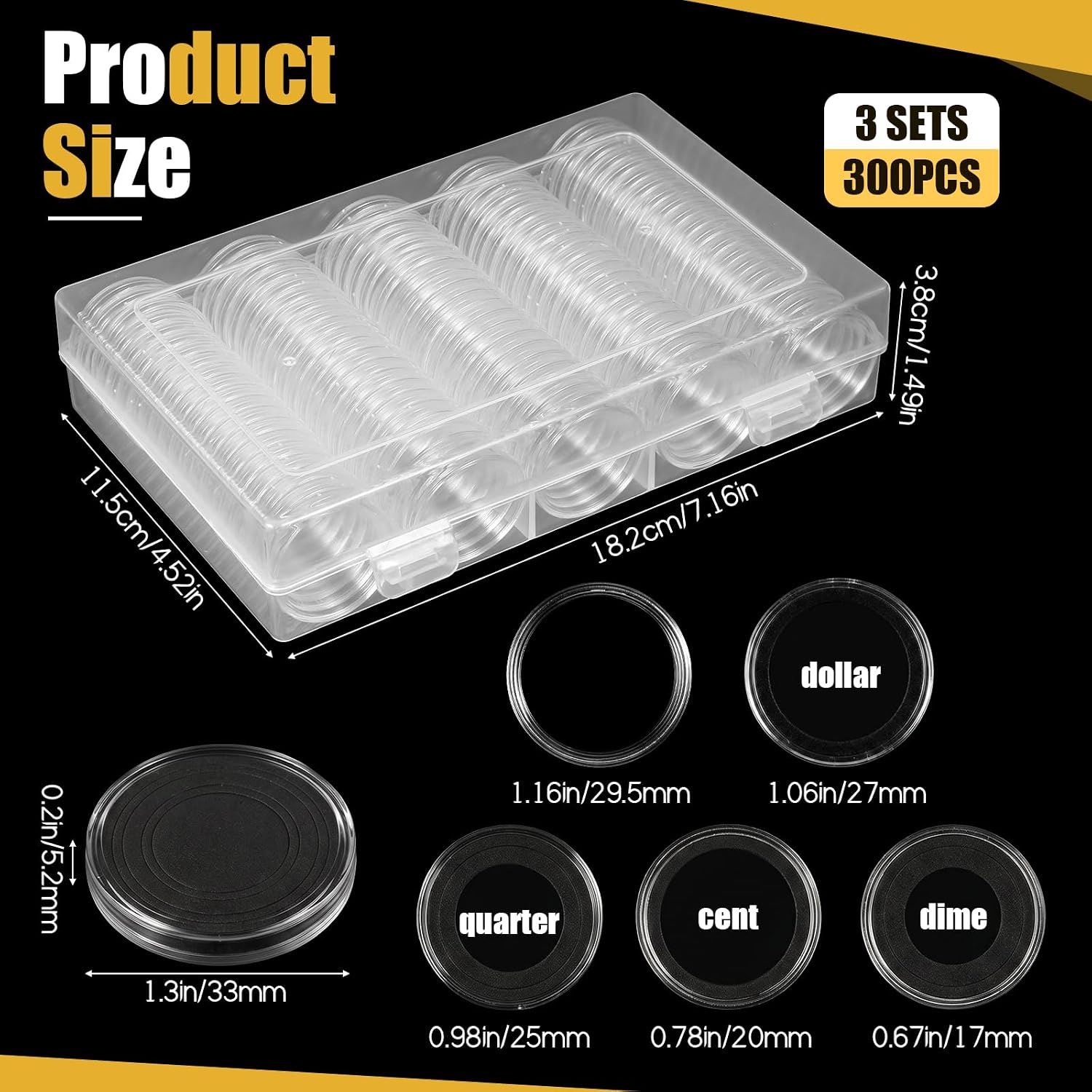 300PCS Coin Capsules Holder with Black Foam Gasket, Round Coin Collecting Supplies with Storage Box, (17/20/25/27/30mm)5 Size Clear Plastic Coins Storage Case, Coins Protector Holders for Collectors image 2