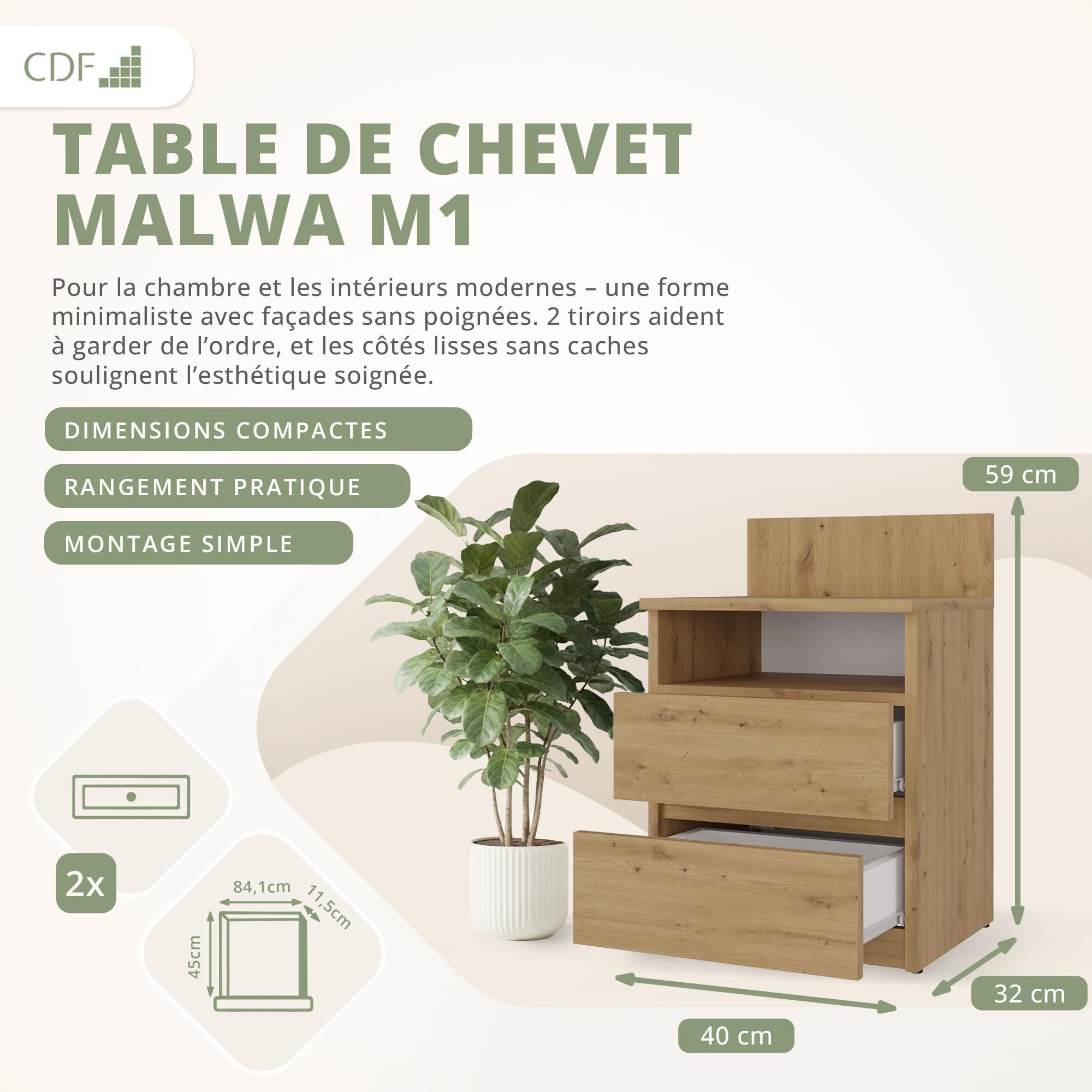 CDF Table de Nuit M1 Malwa, Table de Nuit | Couleur : Chêne Artisan | Idéal pour Chambre à Coucher, Chambre d'enfant, Adolescent | Deux tiroirs spacieux | Tiroirs sans poignée