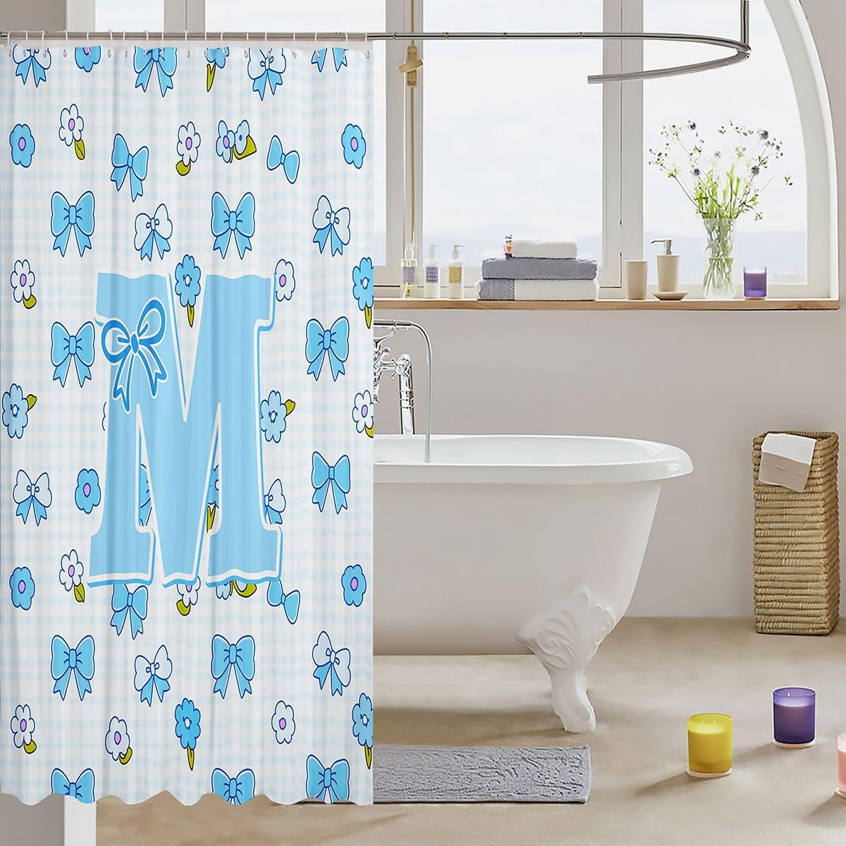 jejeloiu Blue Cute Bow Shower Curtain Cute Flower Bath Curtain Personalized Letter M Bathroom Waterproof Accessories with 12 Hooks Blue Square Lattice Waterproof Polyester,72x72 Inches image 3