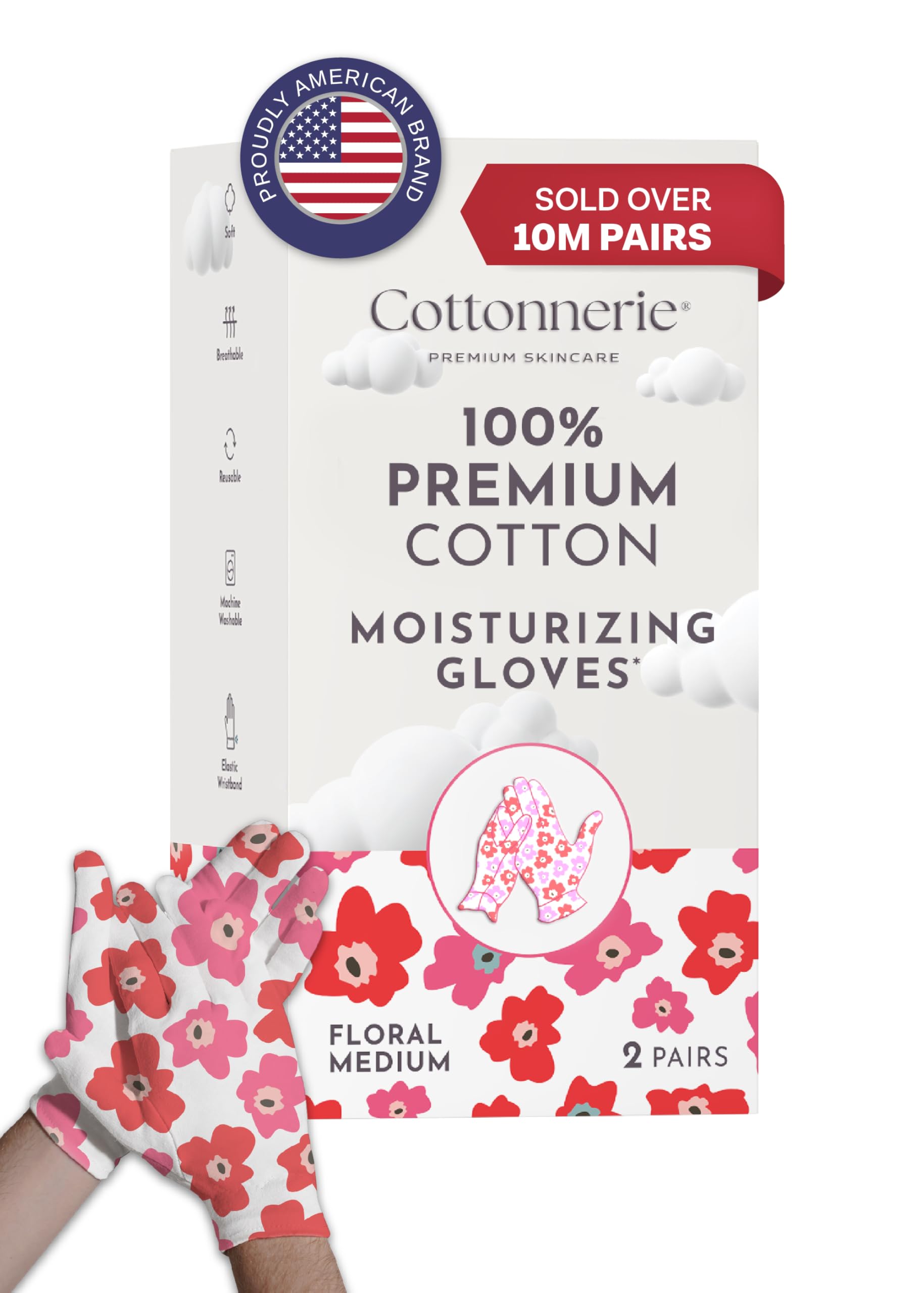 2 Pairs Cottonnerie Cotton Gloves for Dry Hands Sleeping, Moisturizing Gloves Overnight, Hand Moisturizer Gloves, Moisture Gloves for Dry Hands Overnight, Eczema Gloves, Medium, Floral