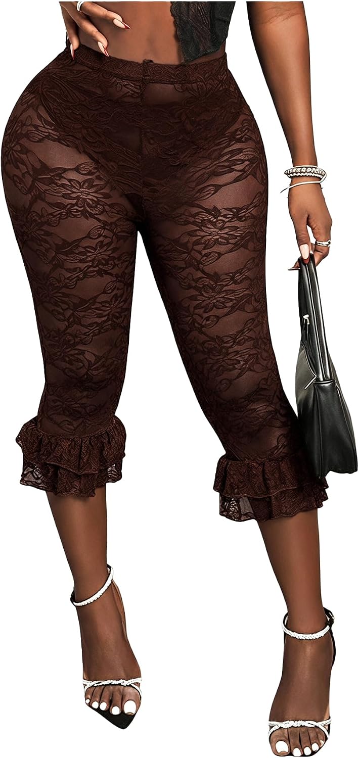 Milumia Women's Lace Capri Leggings High Waisted See Through Cropped Pants