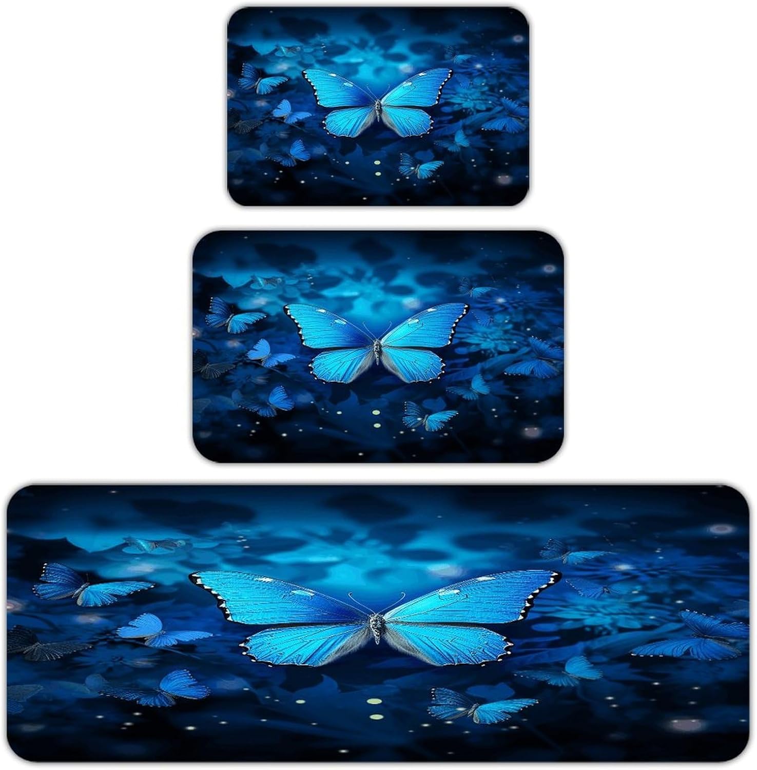 Blue Beautful Butterfly 3-Piece Kitchen Rug Indoor Door Mat | Non-Slip Kitchen Mat for Profile Absorbent, Moisture-Wicking and Breathable for Bathroom Laundry Room Bedroom Home Decor
