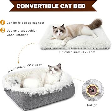 Self Warming Cat Bed for Cats and Small Dogs, 60x45 cm Washable Foldable Convertible Cat Beds for Indoor Cats, Soft Plush Pet Blankets Cushion Mat