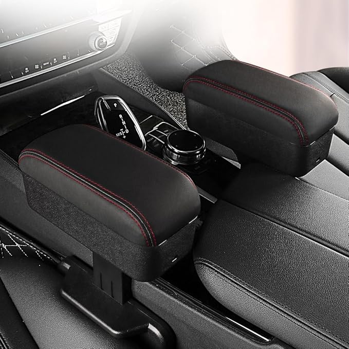 JEYODA Car Armrest Box with Cup Holder Car Central Liftable Armres Storage Organizer Box Arm Rest?Car Seat Gap Filler Organizer (Black red line)