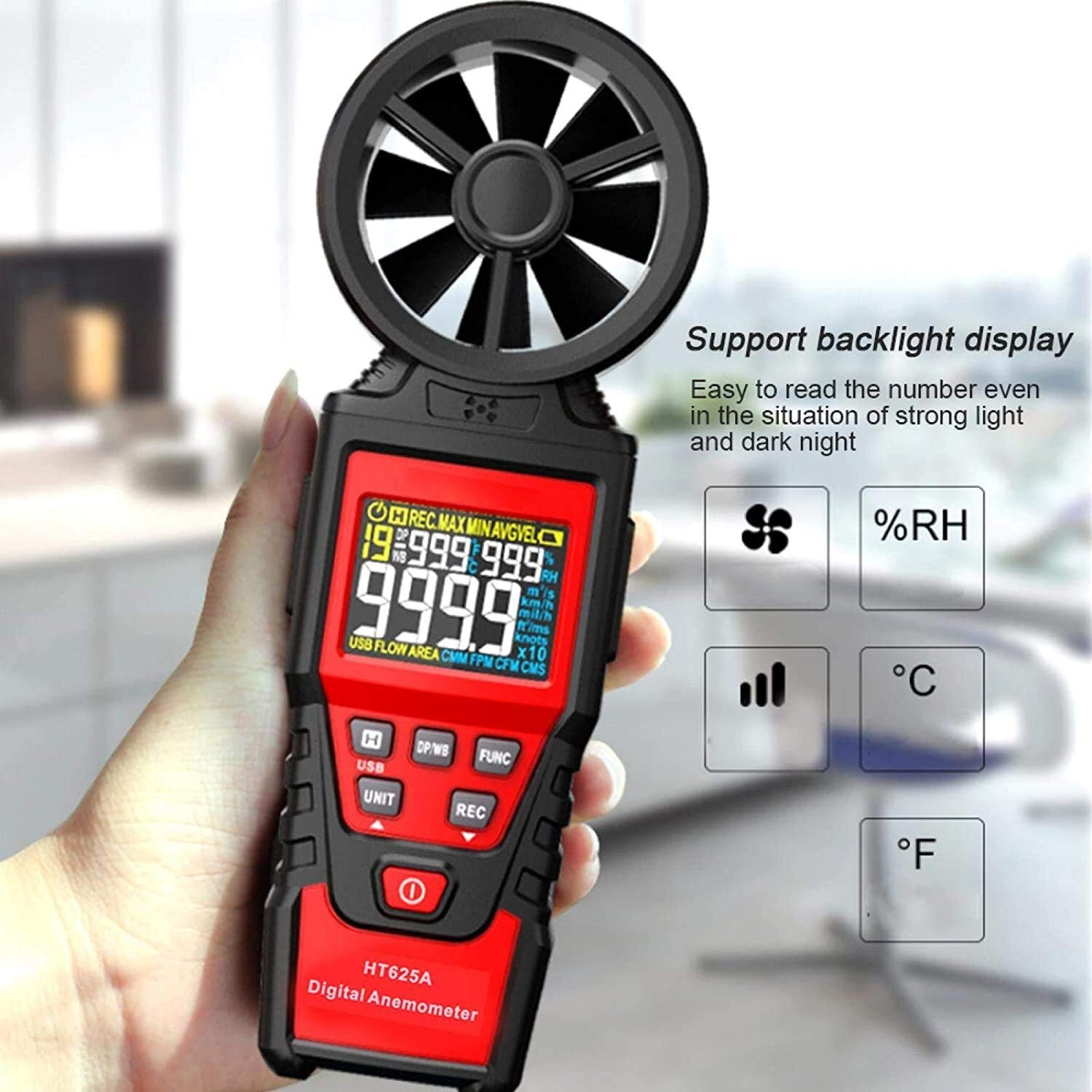 JJJ L'anemometro, può misurare la velocità del Vento, Il Volume dell'Aria, la Temperatura e l'umidità, l'anemometro Portatile