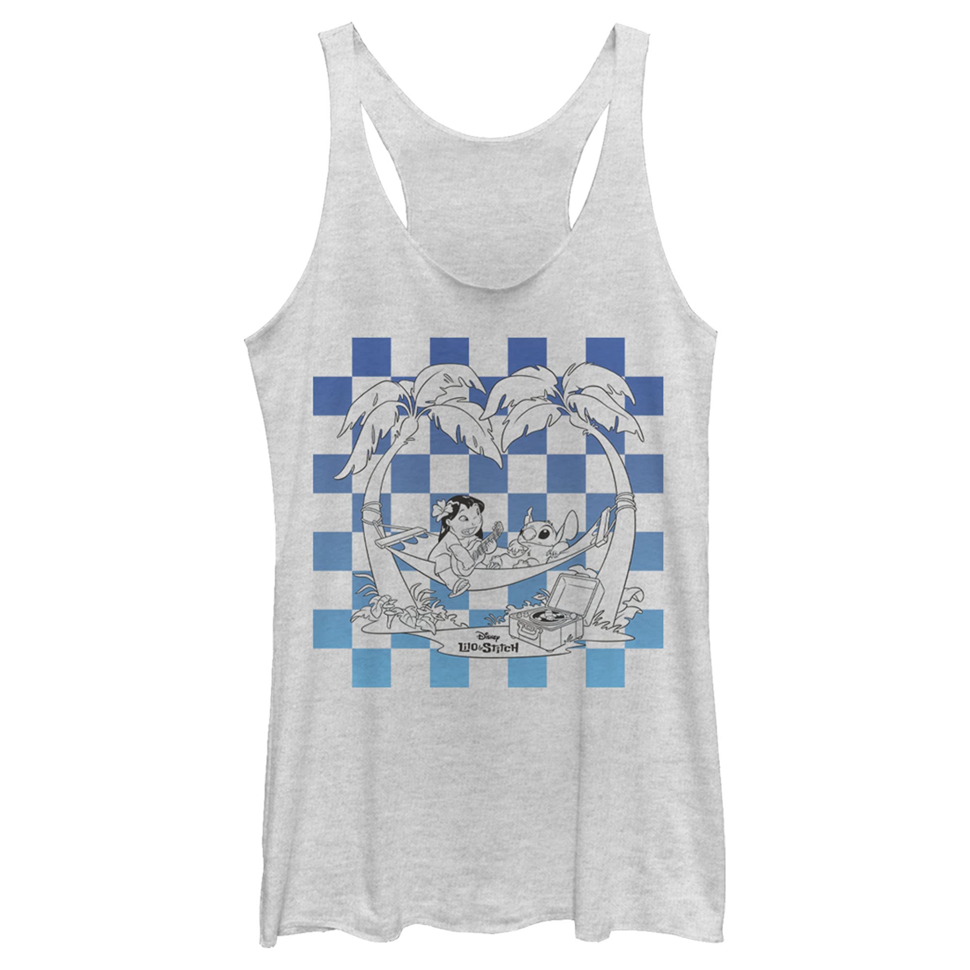 Junior's Lilo &amp; Stitch Blue Checkered Palm Trees Racerback Tank Top
